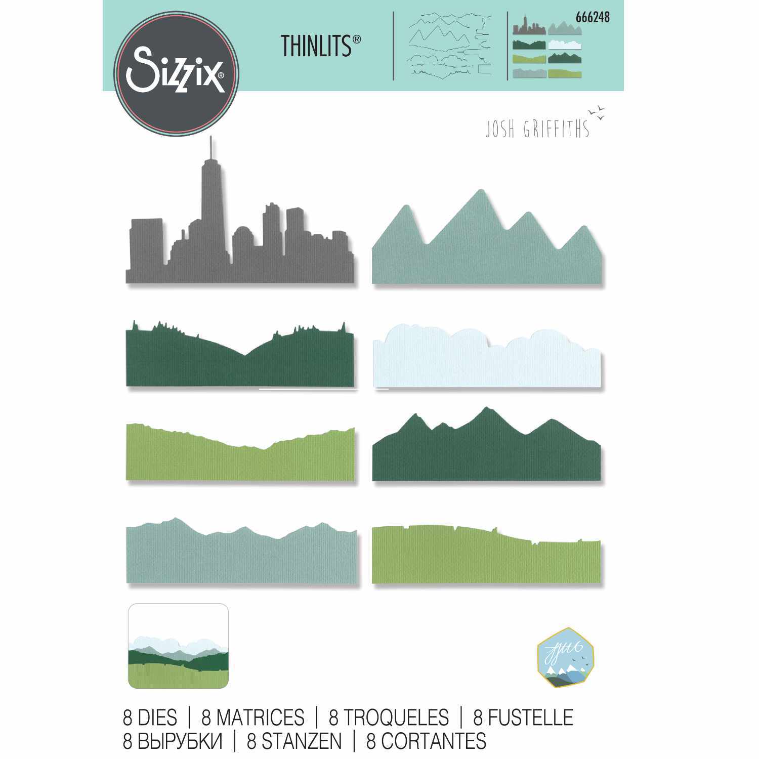 Thinlits Die Set Skyline Silhouettes zeigt acht Stanzformen von Sizzix mit Stadt- und Bergsilhouetten.