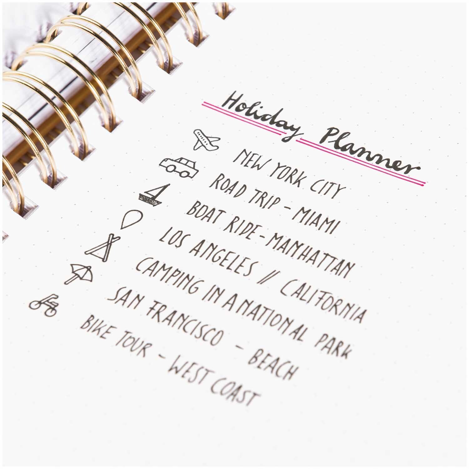 Paper Poetry Bullet Diary Schablone zeigt eine Reiseplanung mit Symbolen und Reisezielen.