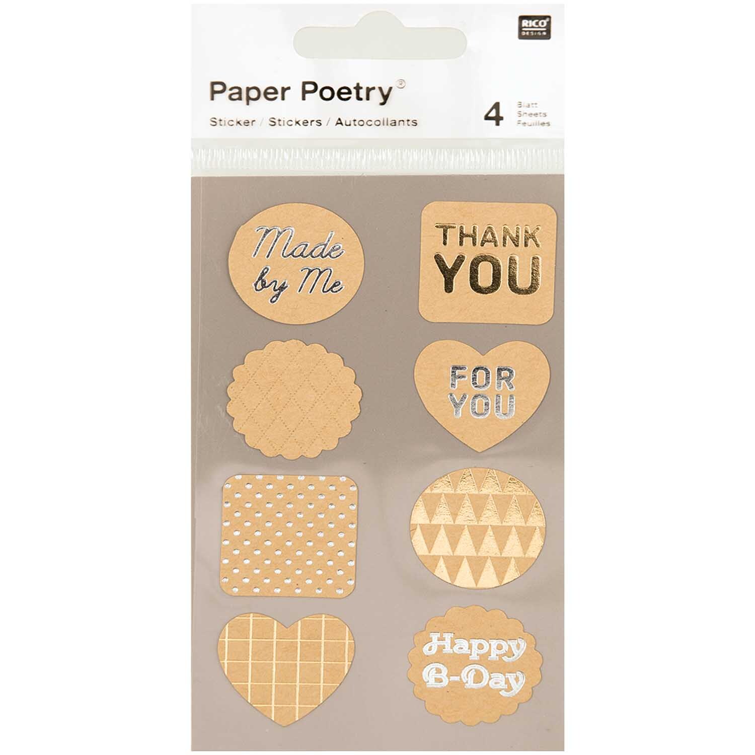 Paper Poetry Kraftpapier Sticker Labels mit verschiedenen Formen und metallic Schriftzügen.