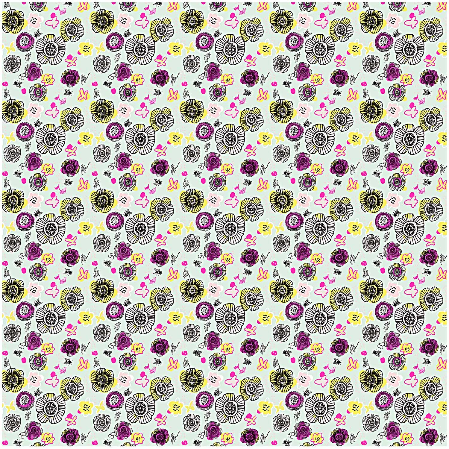 Stoff Blüten mint-neon 140cm zeigt ein lebendiges Muster aus bunten Blüten und Spiralen. Marke: Rico Design.