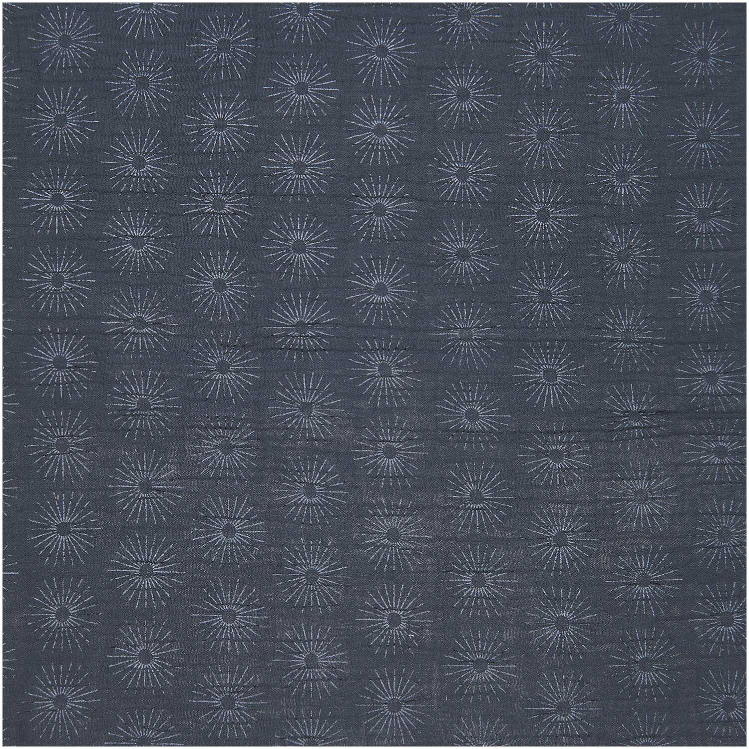 Stoffabschnitt Krinkelmusselin Rosette mit blauem Muster von Rico Design, zeigt ein elegantes, geometrisches Design auf einem 50x130cm Stoff.