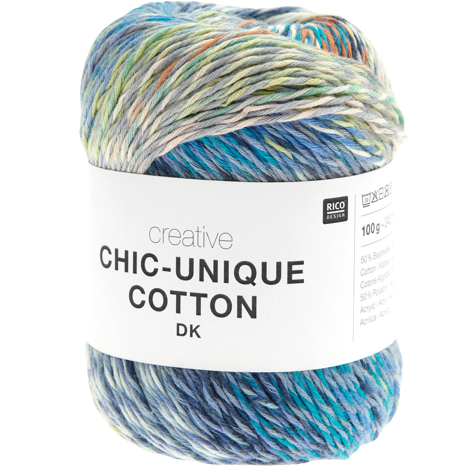 Creative Chic-Unique Cotton dk, mehrfarbiges Garn von Rico Design, ideal für Strickprojekte.