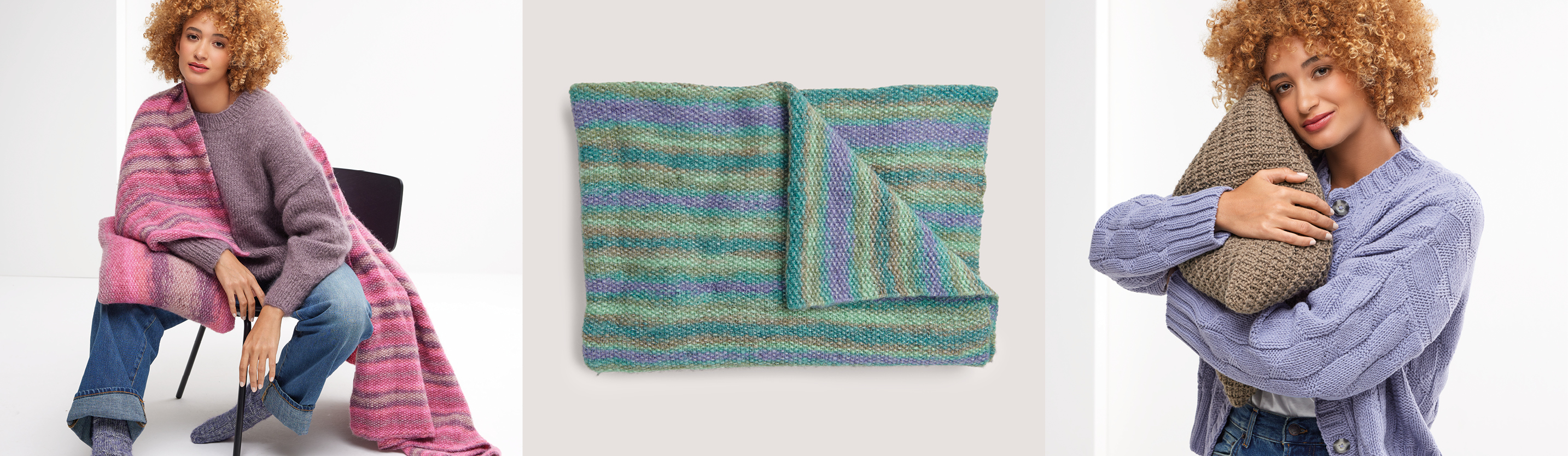 Drei Bilder nebeneinander. Eine sitzende Frau hält eine pinke gestrickte Decke um sich, eine grün-blaue gestrickte Decke zusammengefaltet und eine Frau hält ein gestricktes Kissen in ihren Armen.