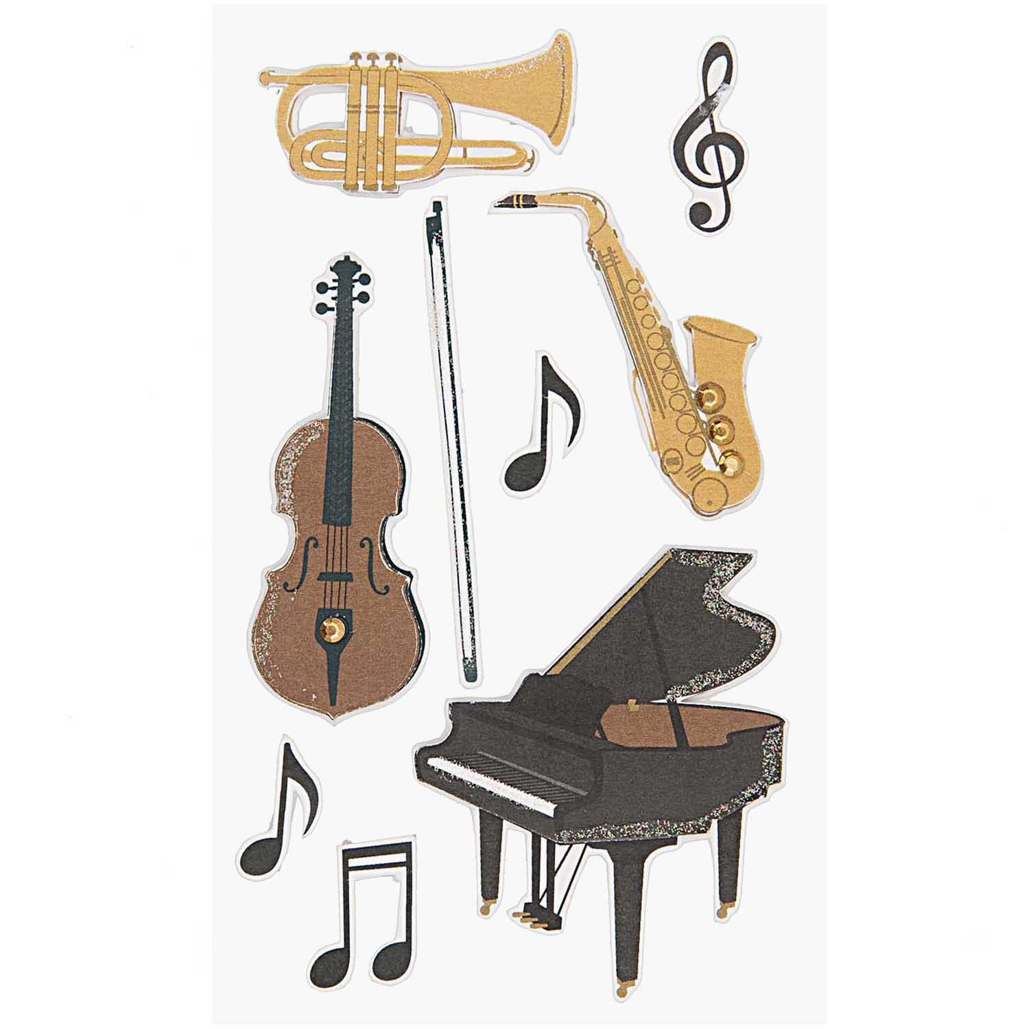 Paper Poetry 3D Sticker klassische Musik zeigt Instrumente wie Klavier, Saxophon und Trompete. Ideal für kreative Projekte von Rico Design.