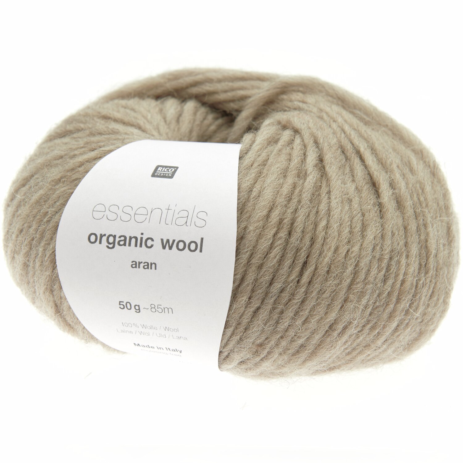 Essentials Organic Wool aran: Weiches, beiges Garn von Rico Design, 50g, 85m, ideal für Strickprojekte.