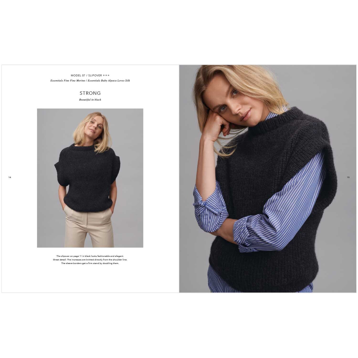 Top Down Knitting Special 2 zeigt eine Frau in einem schwarzen Strickoberteil von Rico Design. Sie trägt eine gestreifte Bluse darunter.