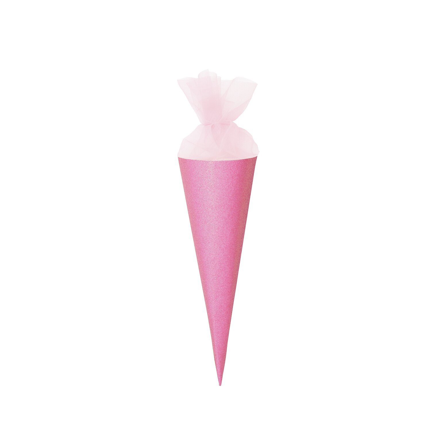Schultüte Rohling mit Tüllverschluss und Glitter, 35cm, von Rico Design in leuchtendem Pink.