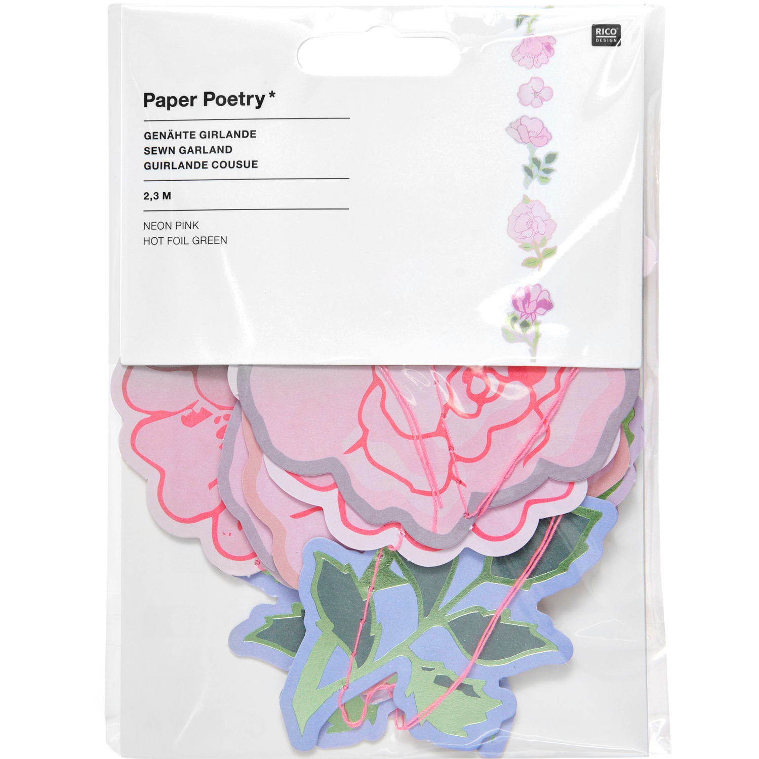Paper Poetry Genähte Girlande Rosen, 2,3m lang, zeigt bunte Rosenmotive in Neon Pink und Grün von Rico Design. Ideal für kreative Dekorationen.