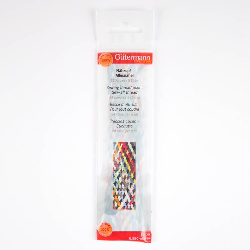 Nähzopf Allesnäher 24 Farben von Gütermann, mehrfarbige Nähgarne in einer transparenten Verpackung.