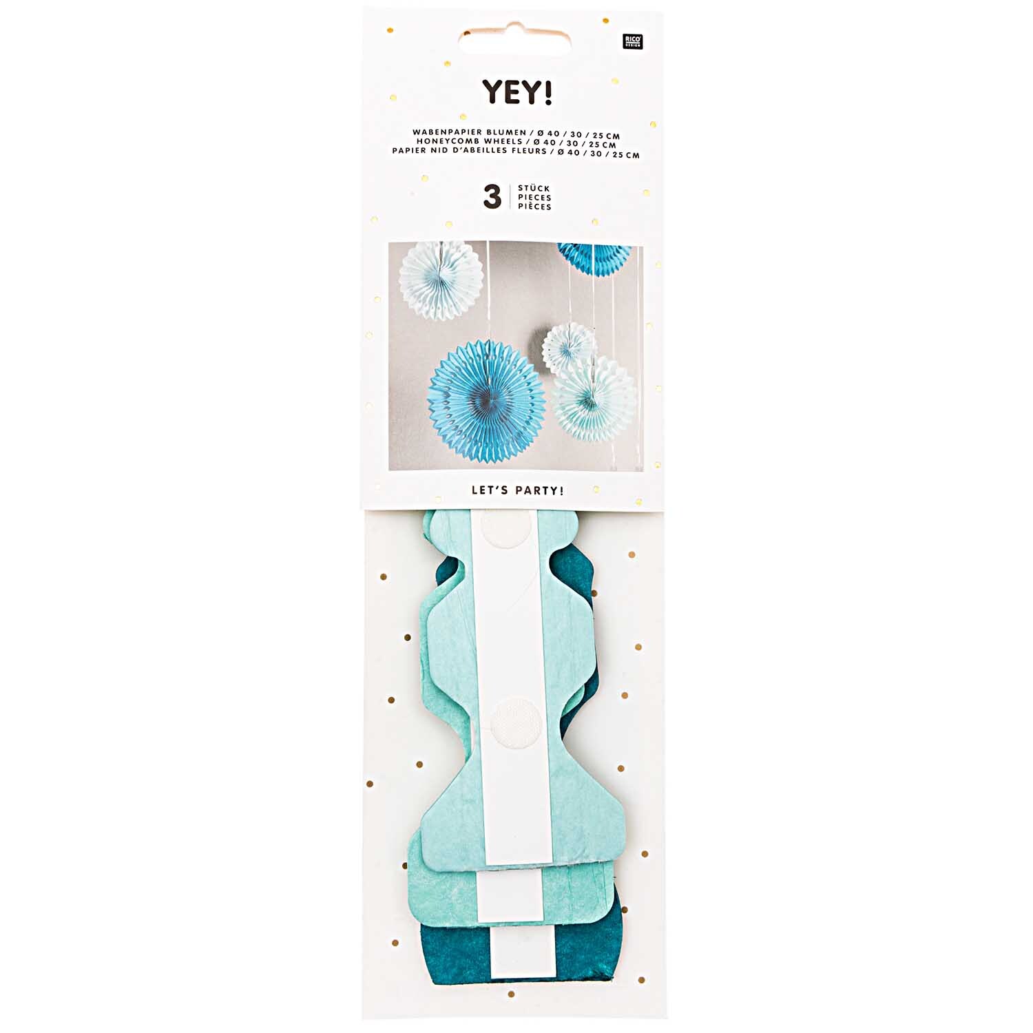 Wabenpapier Blumen aqua 3 Stück von Rico Design in Blau, dekorativ verpackt, ideal für Partys.