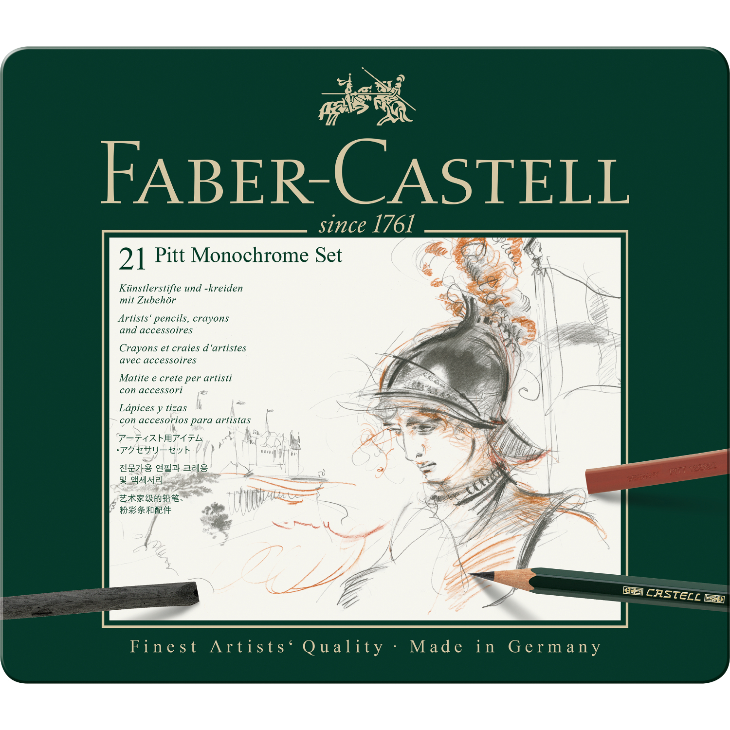 Pitt Monochrome Zeichenset von Faber Castell, 21-teilig, mit Skizze eines Kriegers auf der Verpackung.