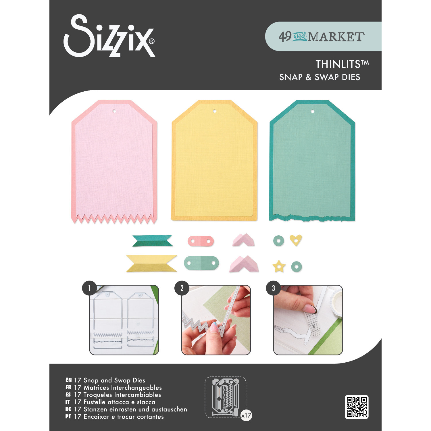 Thinlits Die Set Swap and Swap Large Tags, 17-teilig, zeigt bunte Stanzformen für kreative Bastelprojekte. Ideal für Scrapbooking und Karten.
