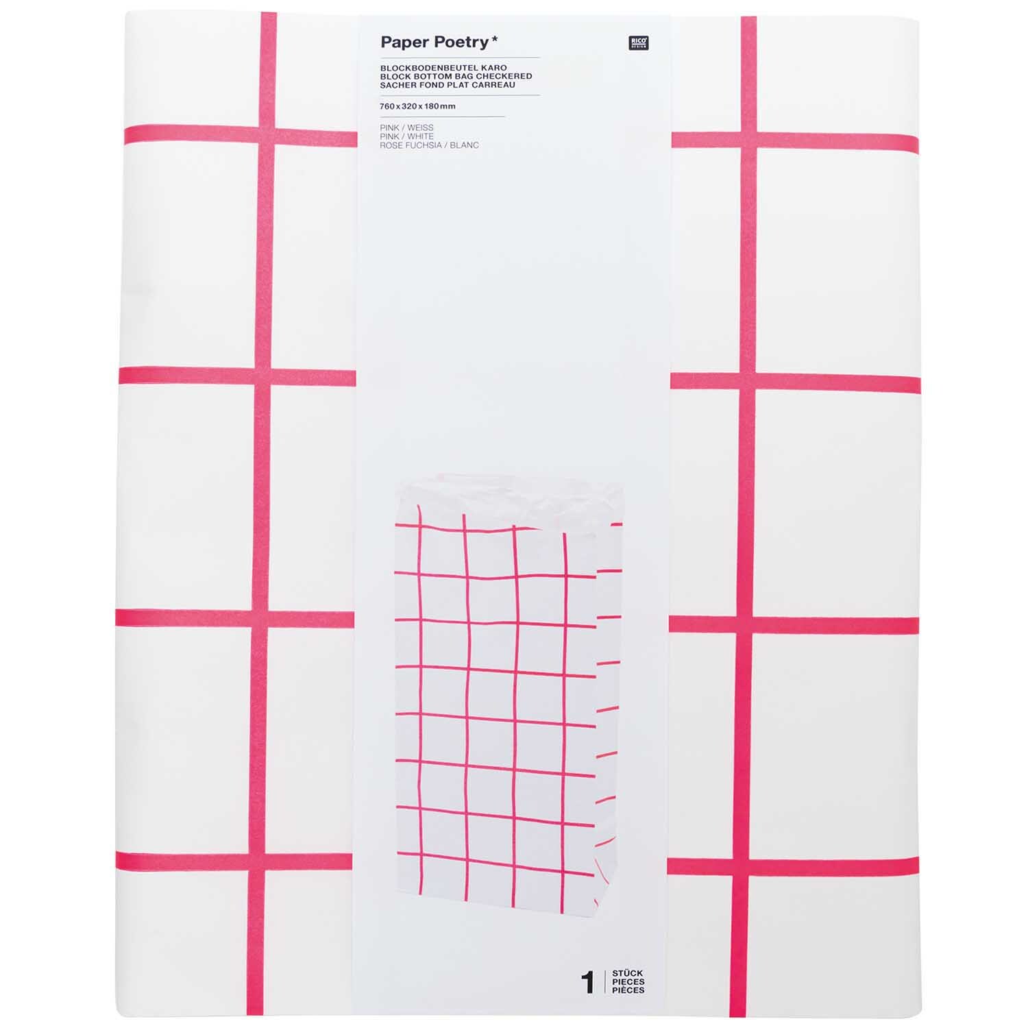 Paper Poetry Maxi-Blockbodenbeutel XL mit Karo-Muster in Pink-Weiß, 76x32x18cm, 1 Stück.