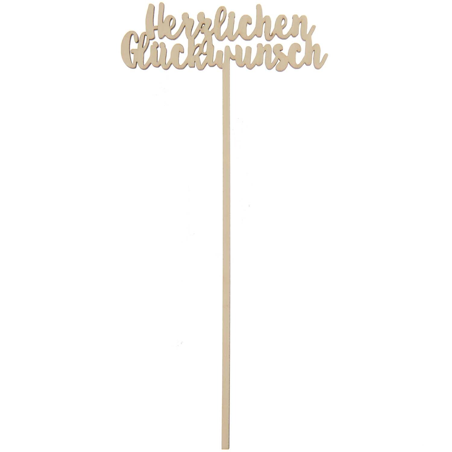 Holzpicker Herzlichen Glückwunsch 23,5cm von Rico Design, naturfarbener Holzstab mit Schriftzug.