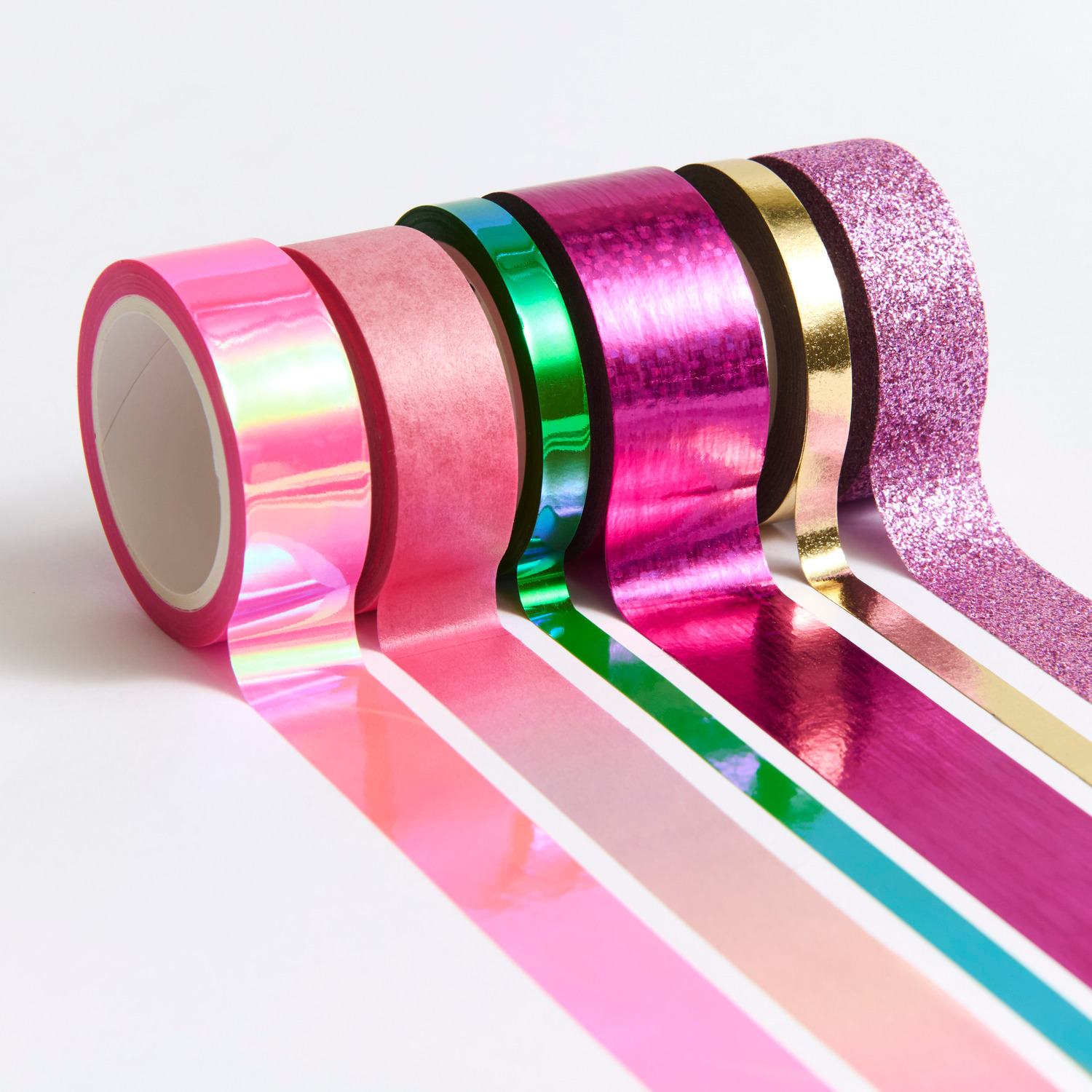 Paper Poetry Mixed Tape Set Pink/Rosa, 6-teilig, von Rico Design. Verschiedene bunte Washi-Tapes in schimmernden und glitzernden Designs.