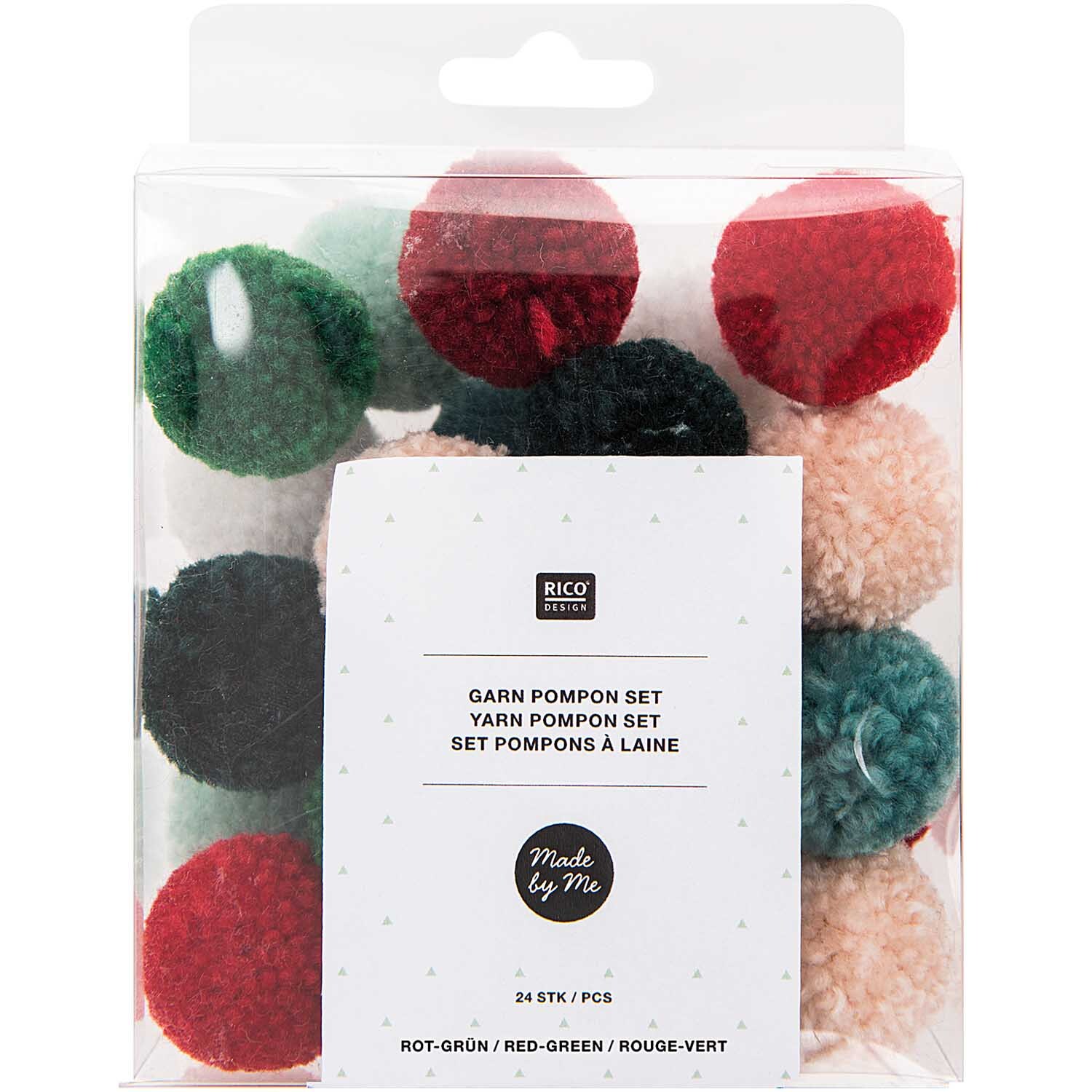 Garn Pompons 24 Stück in Rot-Grün Mix von Rico Design, verpackt in einer transparenten Box. Ideal für kreative Bastelprojekte.