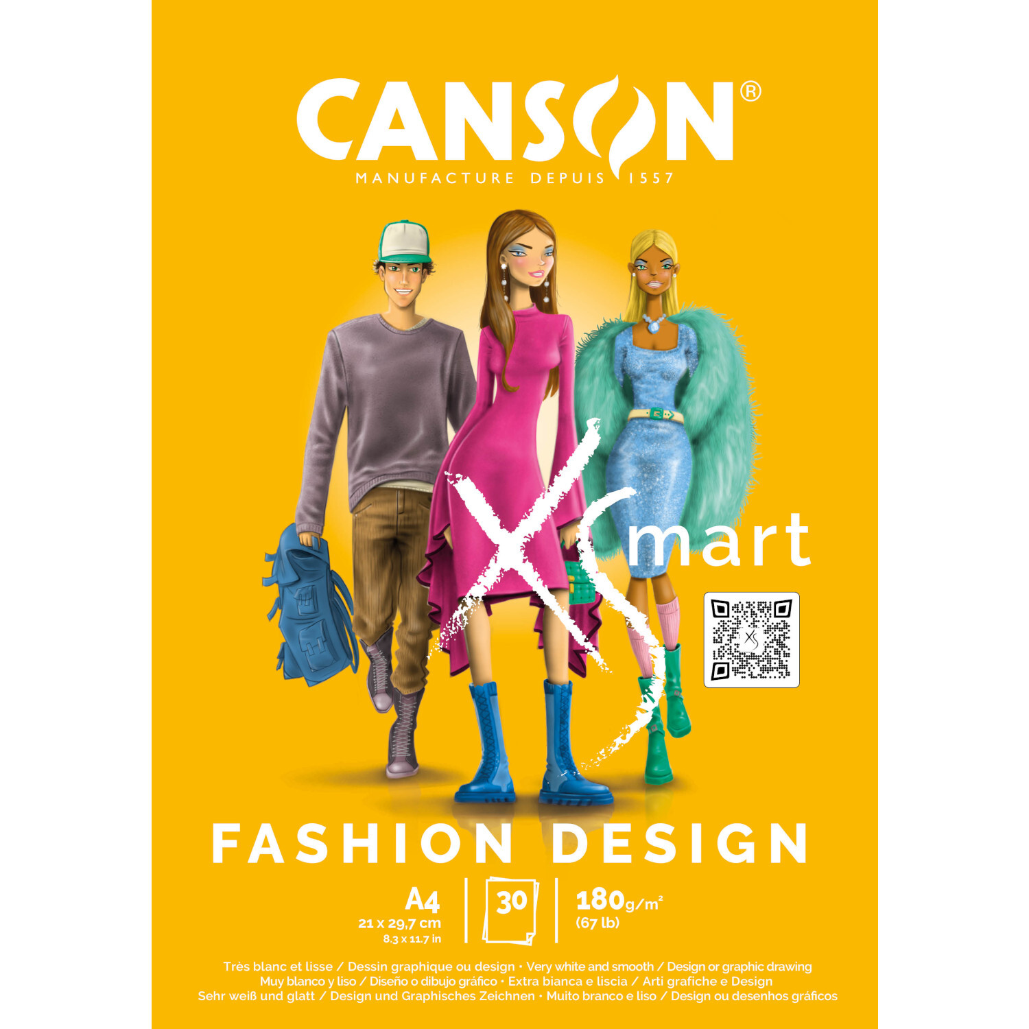 CANXSMART Fashion Design Block mit 30 Blatt, DIN A4, 180g/m². Drei stilvolle Figuren auf gelbem Hintergrund. Marke: Canson.