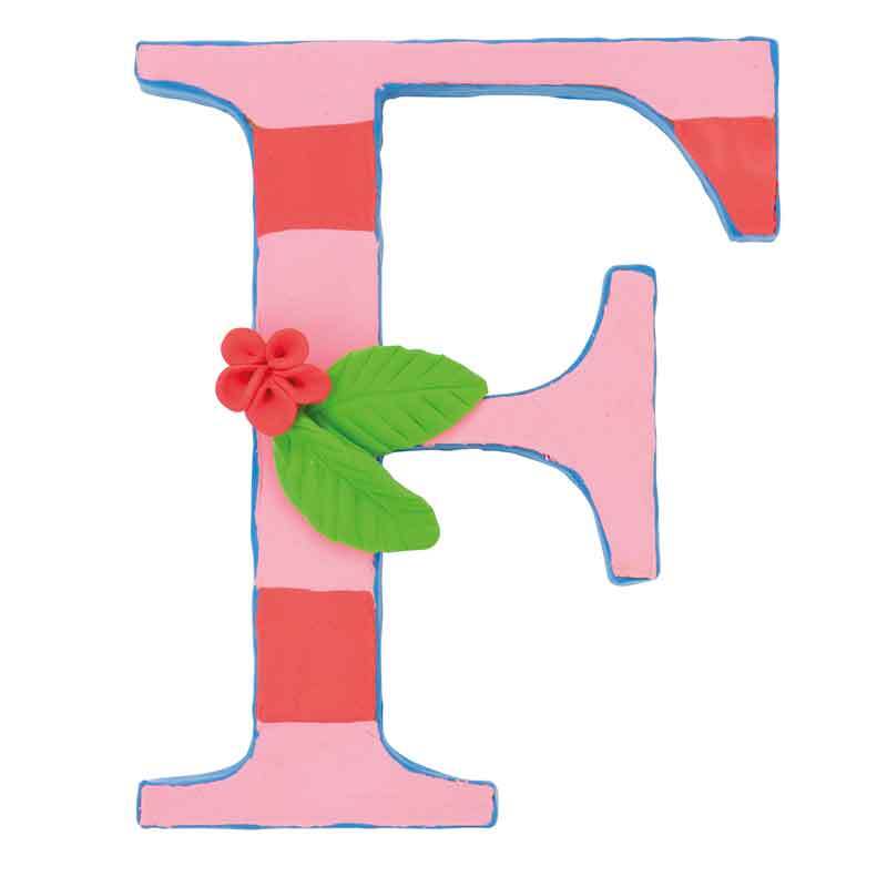 Super Fluffy 28g: Buchstabe F aus rosa und rotem Ton mit grünen Blättern und einer roten Blume.