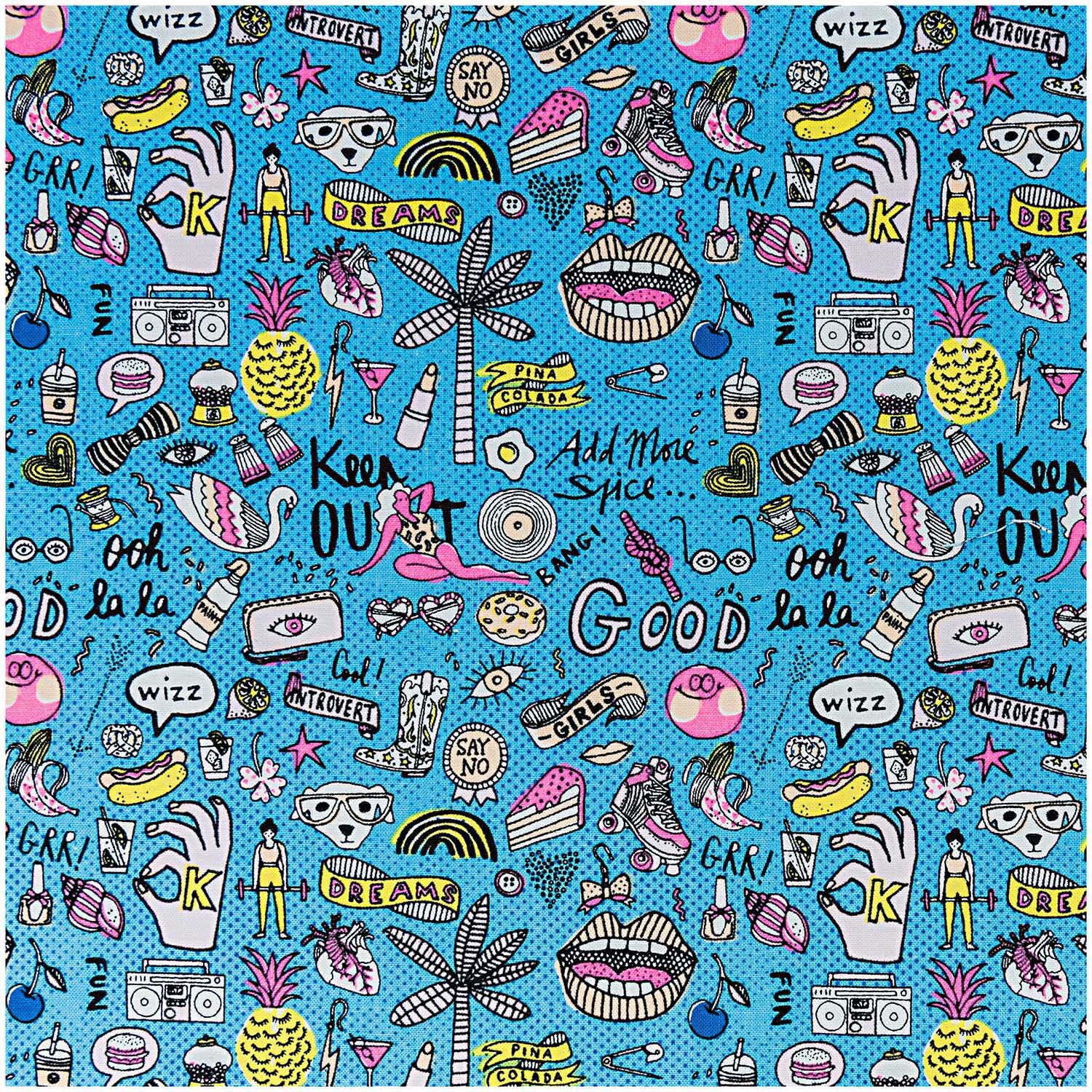 Stoff cool Girls blau-neon 140cm von Rico Design mit buntem, verspieltem Muster aus Lippen, Ananas und Schriftzügen auf blauem Hintergrund.