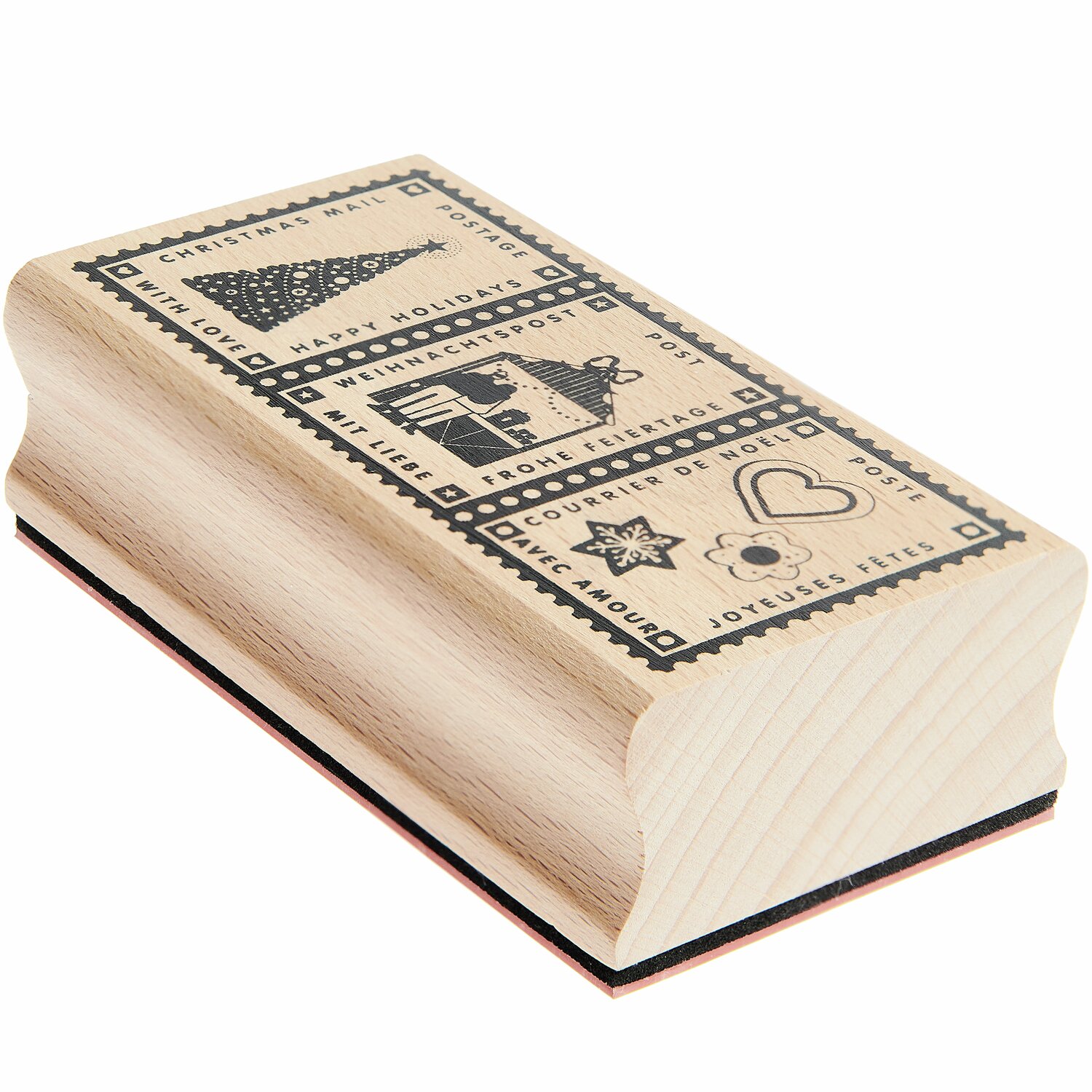 Dreifach-Stempel Weihnachtspost von Rico Design zeigt festliche Motive auf einem Holzblock.