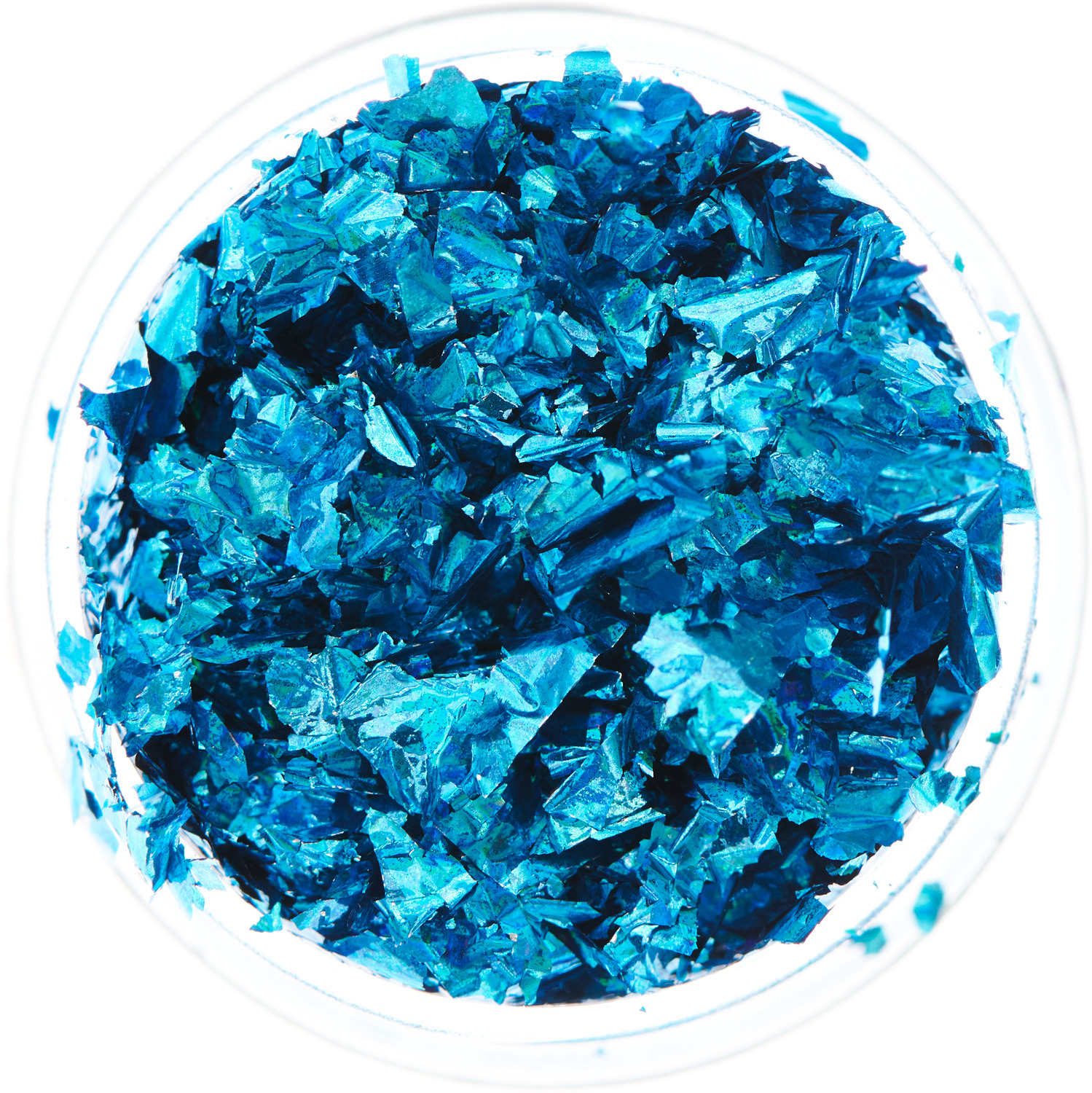 Blattmetall für Resin, holografisch cyan, in einer transparenten Dose, ideal für kreative Projekte.