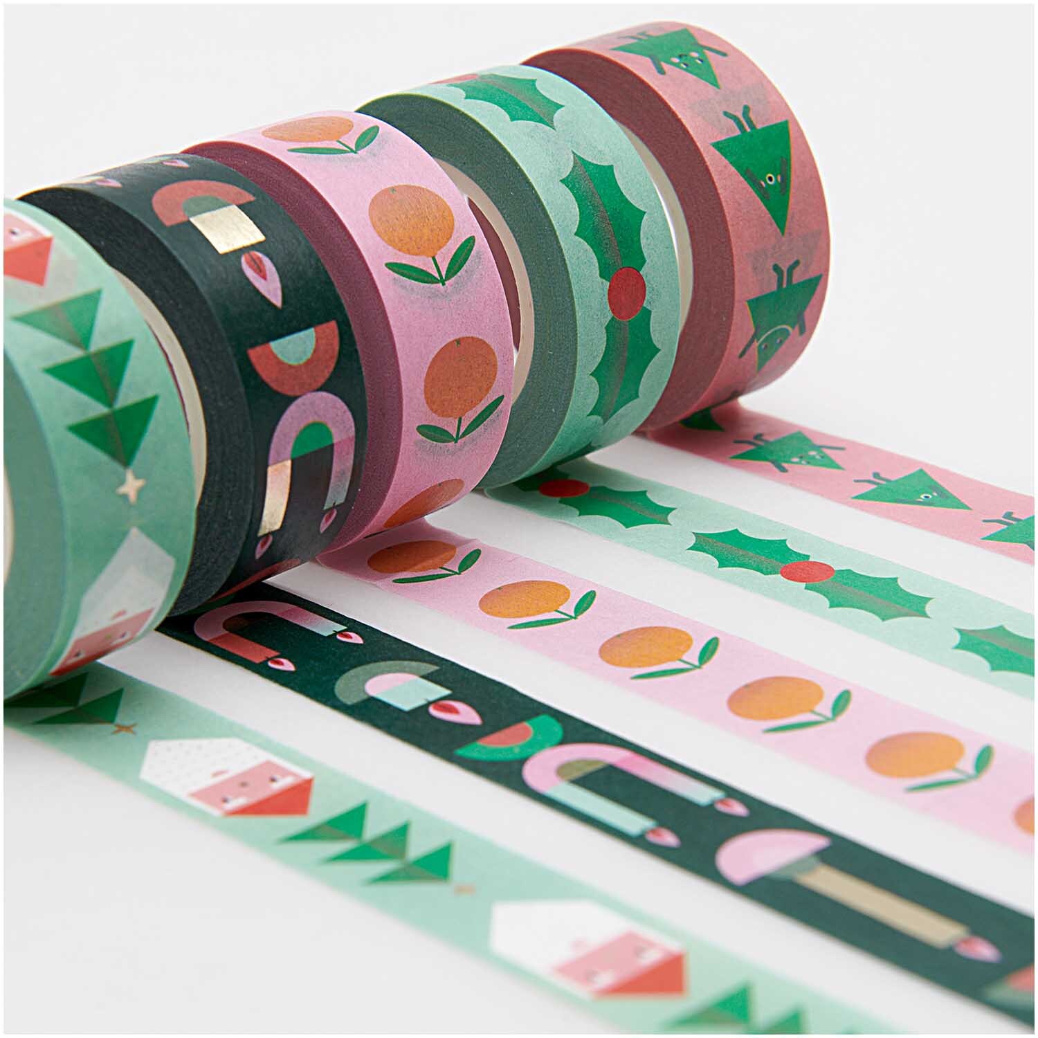 Paper Poetry Tape Set Merry Christmas, 5-teilig, mit bunten, festlichen Mustern auf Washi-Tape.