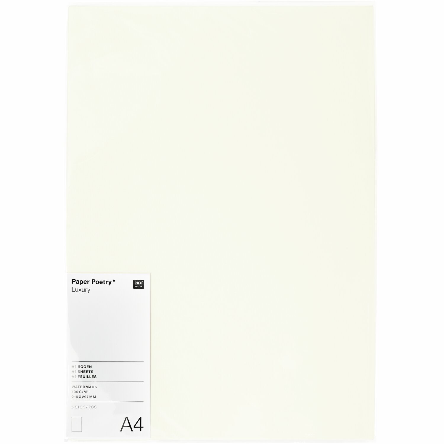 Paper Poetry Luxury Bögen A4 in Elfenbein, 5 Stück. Hochwertiges Papier von Rico Design, ideal für kreative Projekte.