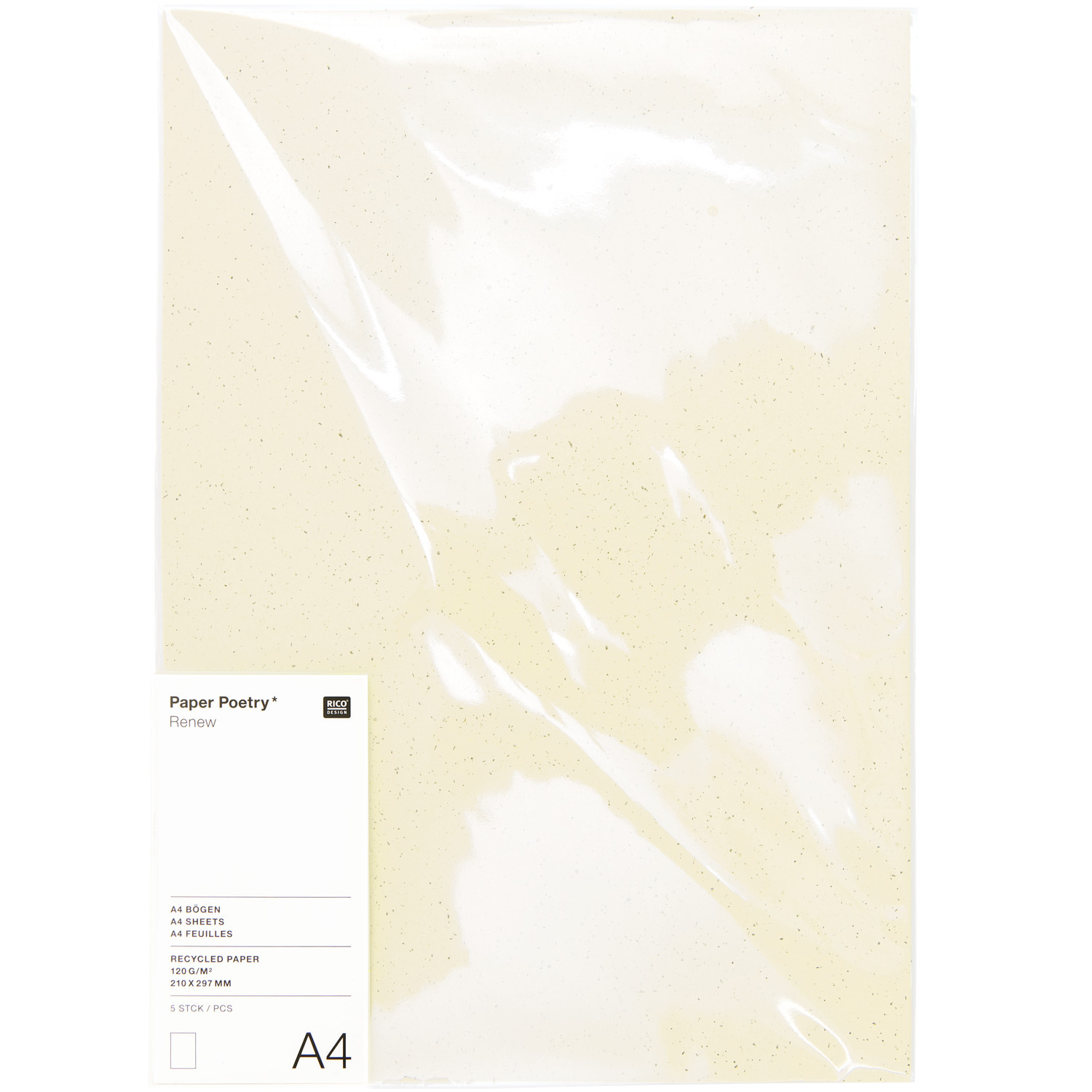 Paper Poetry Renew Bögen A4, 5 Stück in Elfenbein von Rico Design, verpackt in transparenter Folie. Ideal für kreative Projekte.