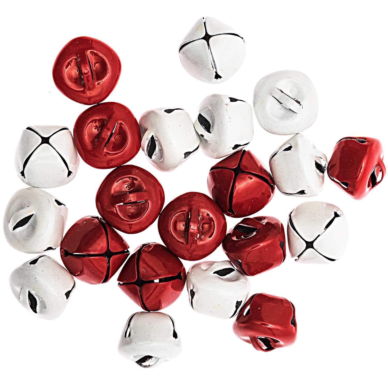 Schellen 1,5cm 20 Stück in Rot und Weiß, verteilt auf einer Fläche. Perfekt für kreative Projekte von idee. Creativmarkt.
