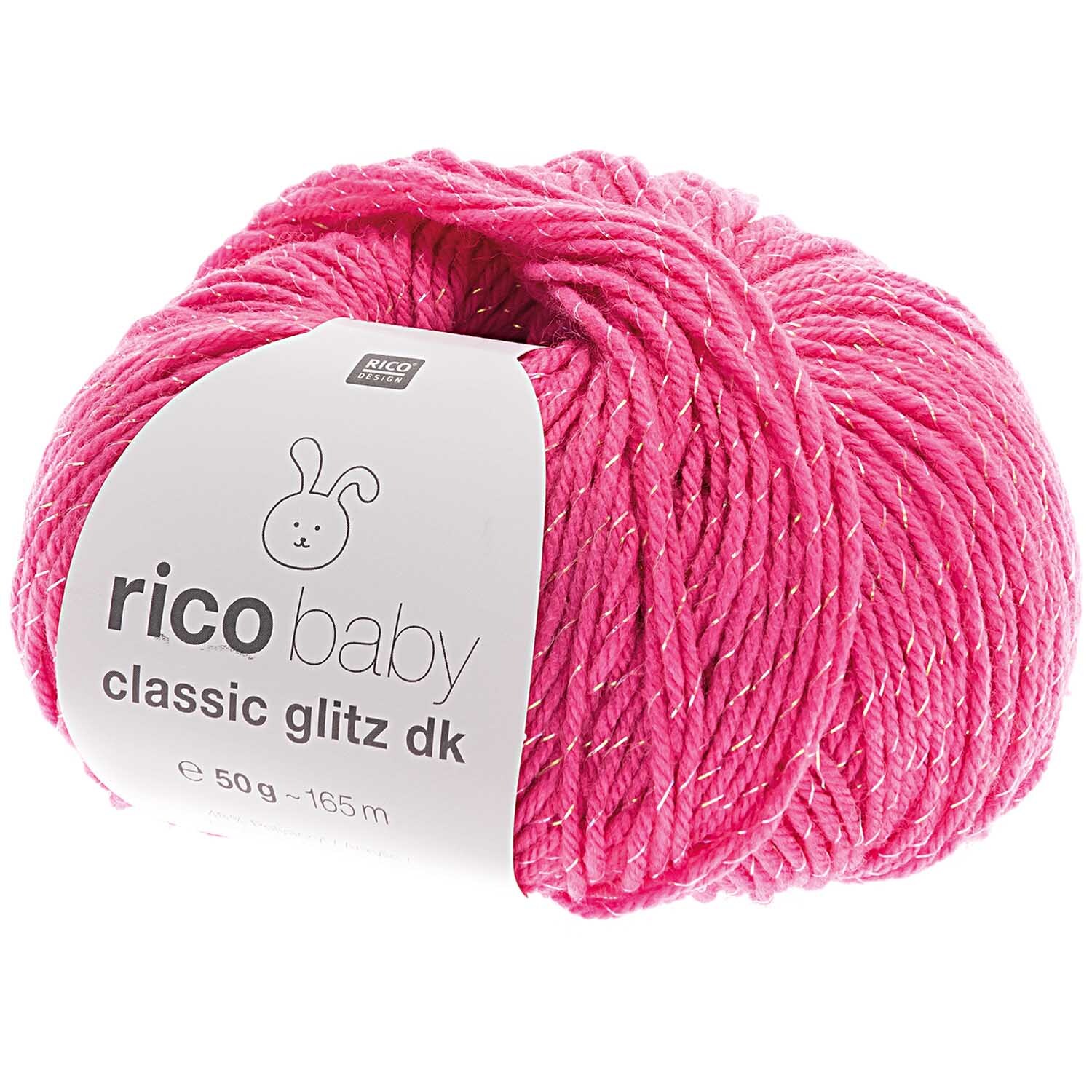 Rico Baby Classic Glitz dk: Strahlend pinkes Garn von Rico Design, 50g, 165m, ideal für kreative Strickprojekte.