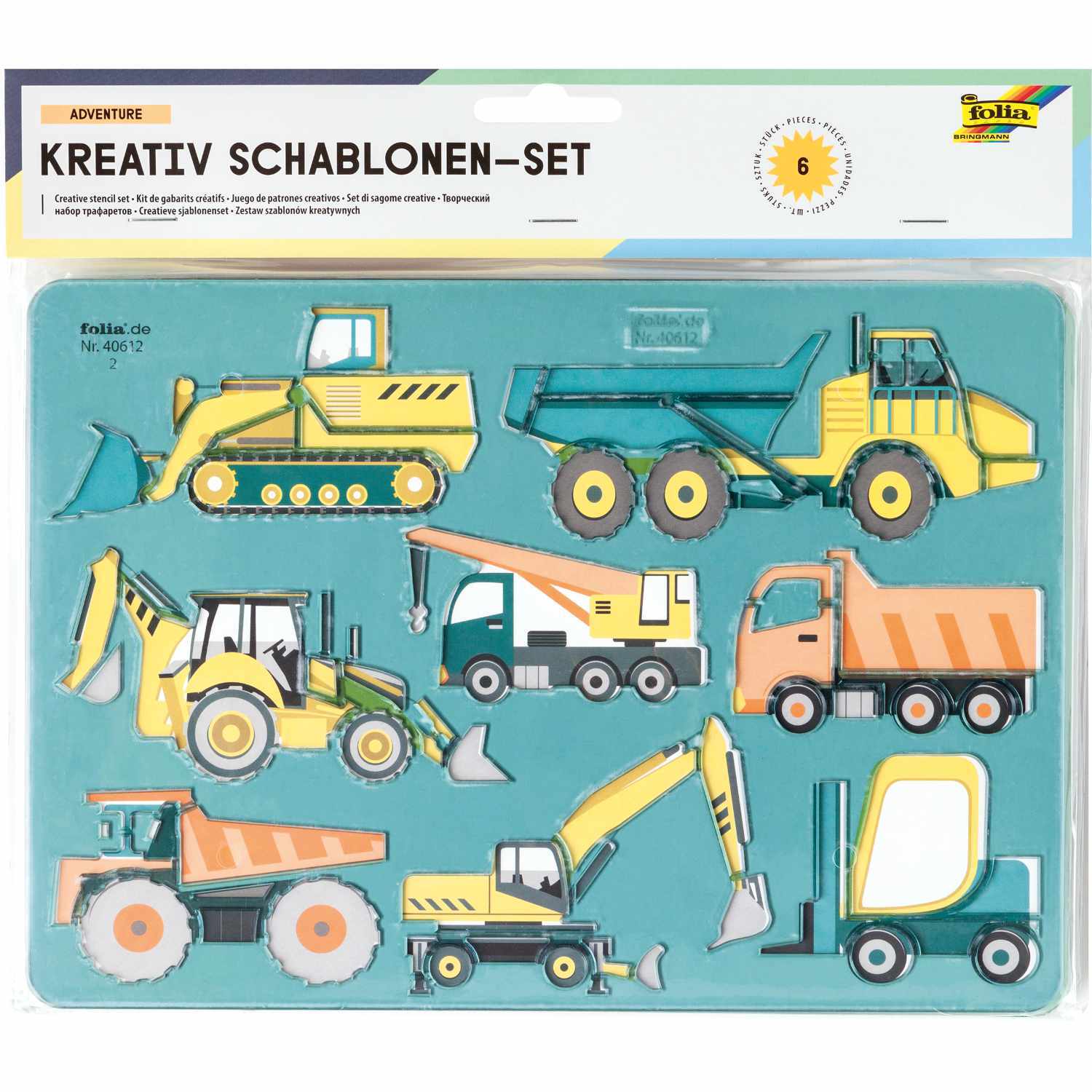 Kreativ-Schablonenset Adventure mit sechs Schablonen, zeigt bunte Baufahrzeuge auf blauem Hintergrund. Marke: folia.