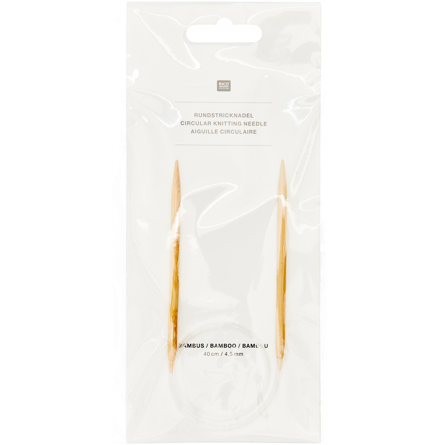 Rundstricknadel 40cm Bambus von Rico Design, aus hellem Bambus, in transparenter Verpackung. Ideal für Strickprojekte.