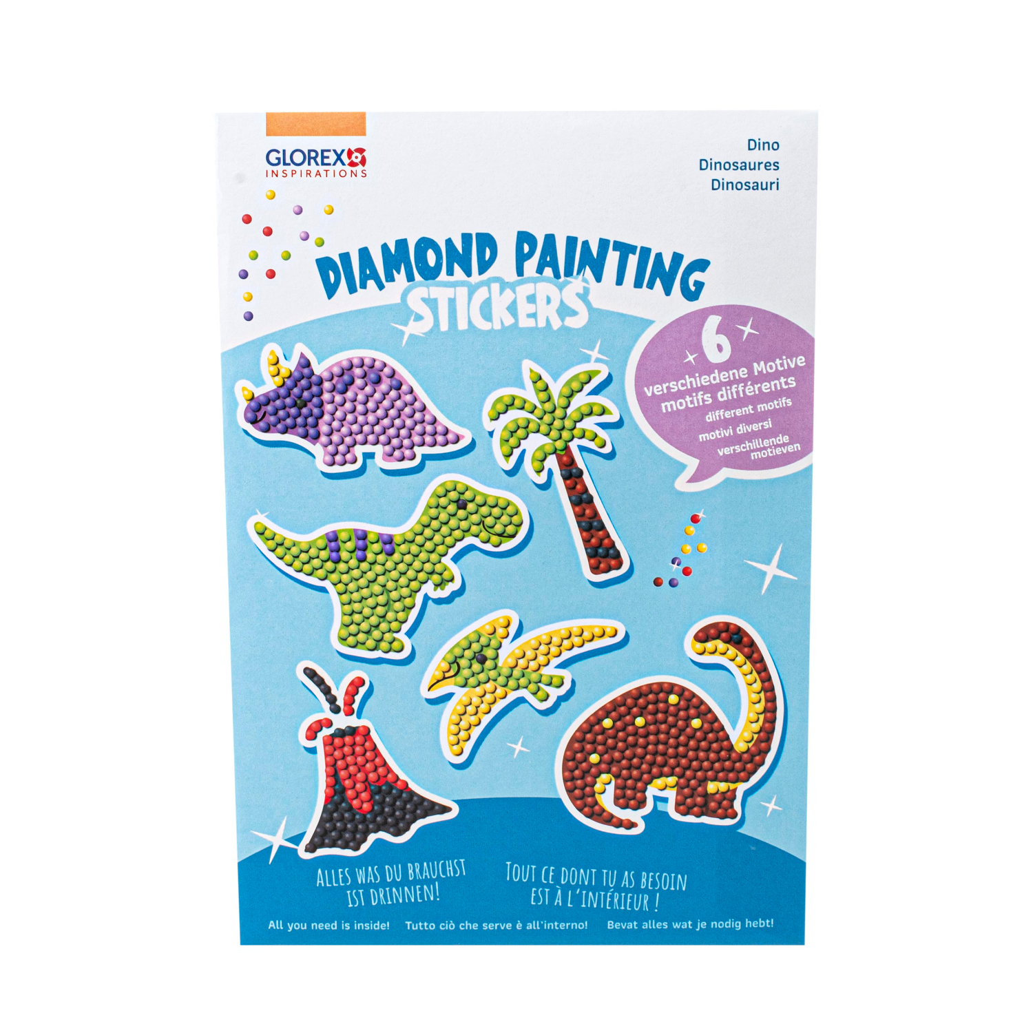 Diamond Painting Sticker Dino: Bunte Dino-Sticker von Glorex, ideal für kreative Bastelprojekte.