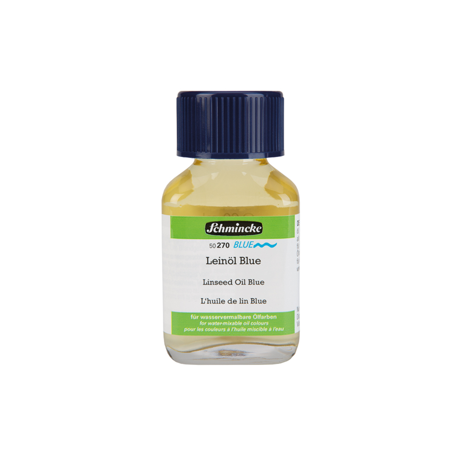 Schmincke Norma BLUE Leinöl in 60ml Flasche, ideal für Künstler. Klare Flüssigkeit in blauem Deckel.