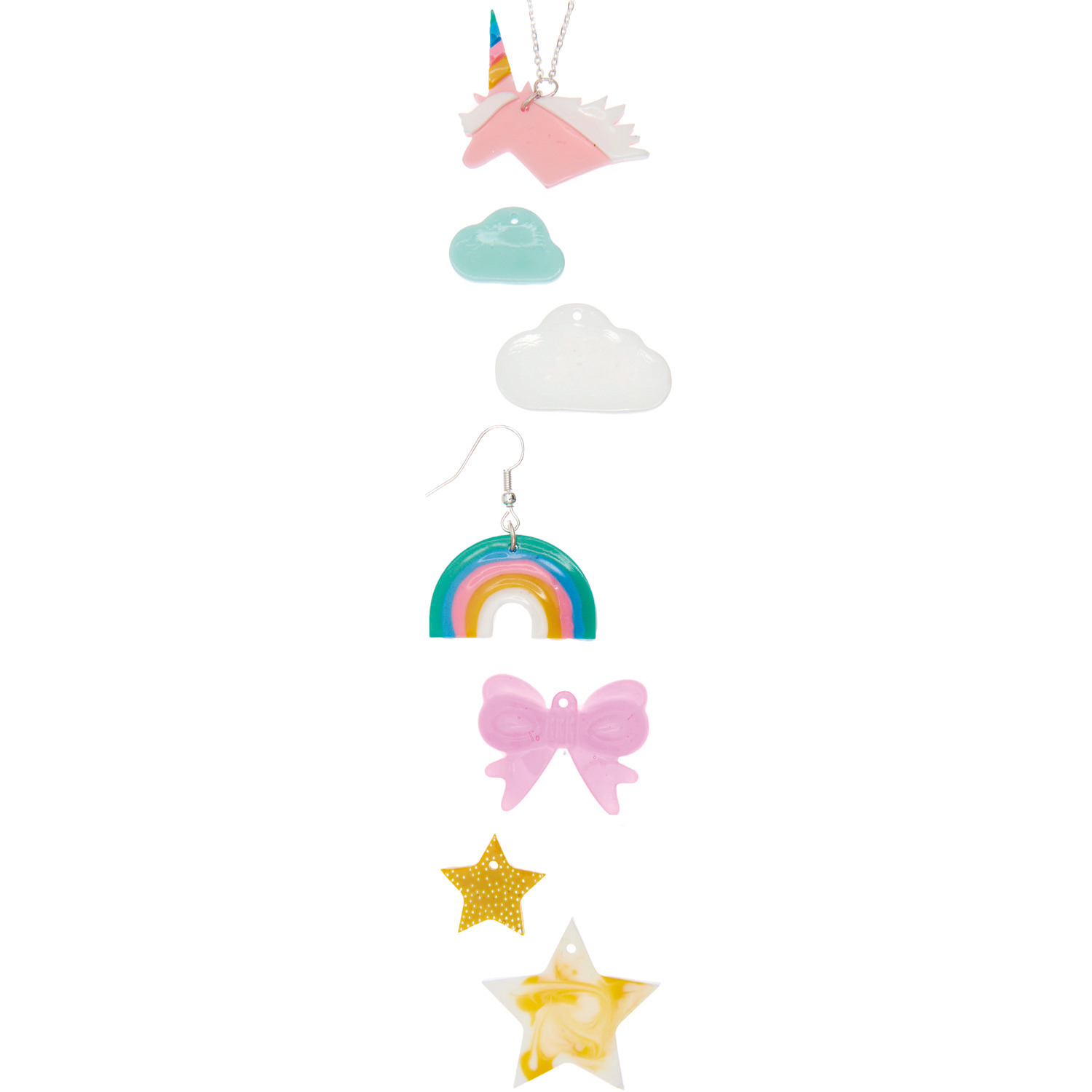 Silikon Gießform Anhänger Regenbogen: Bunte Anhänger in Einhorn-, Wolken- und Schleifenform, ideal für kreative Resin-Projekte.
