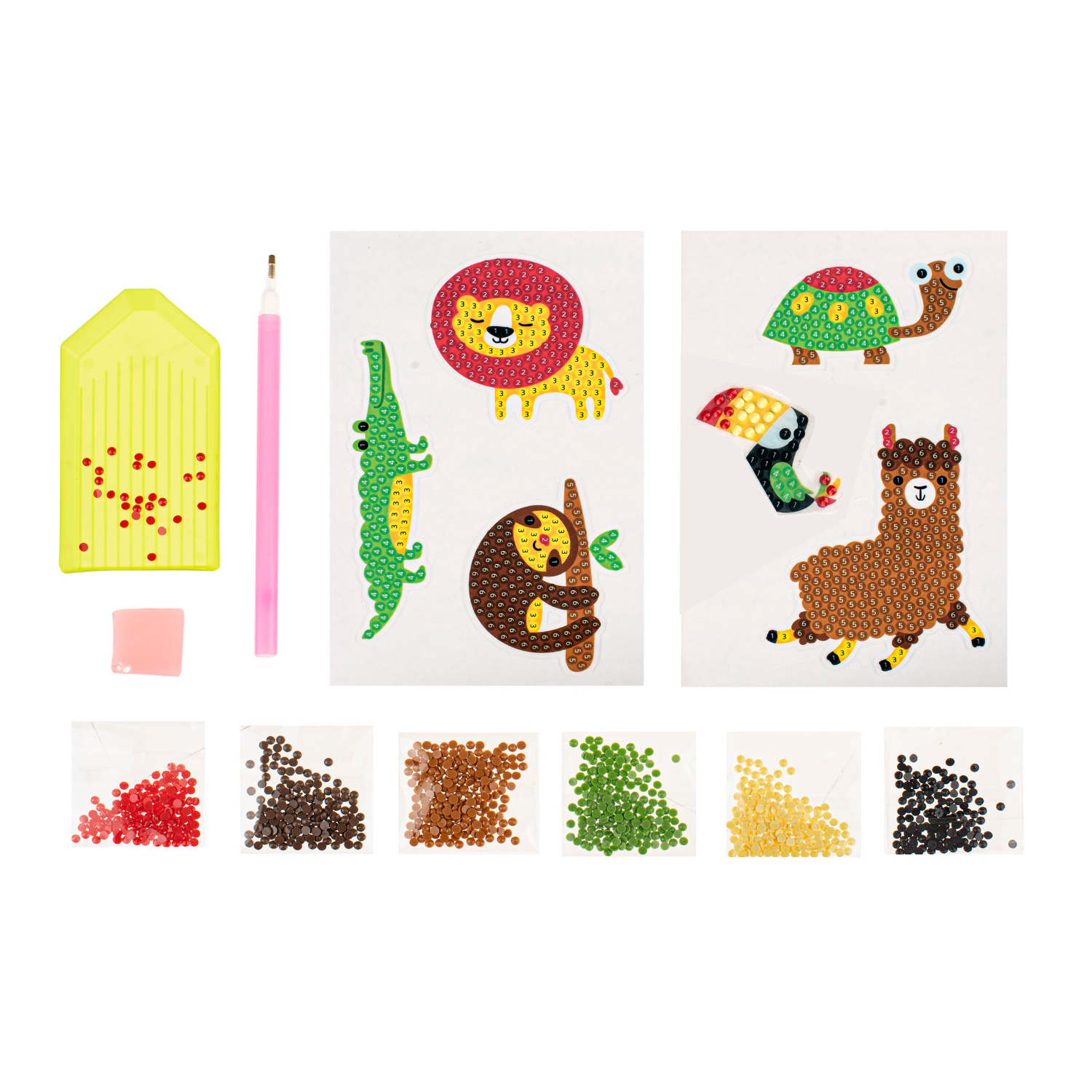 Diamond Painting Sticker Tiere mit bunten Tiermotiven und Zubehör von Glorex für kreatives Basteln.