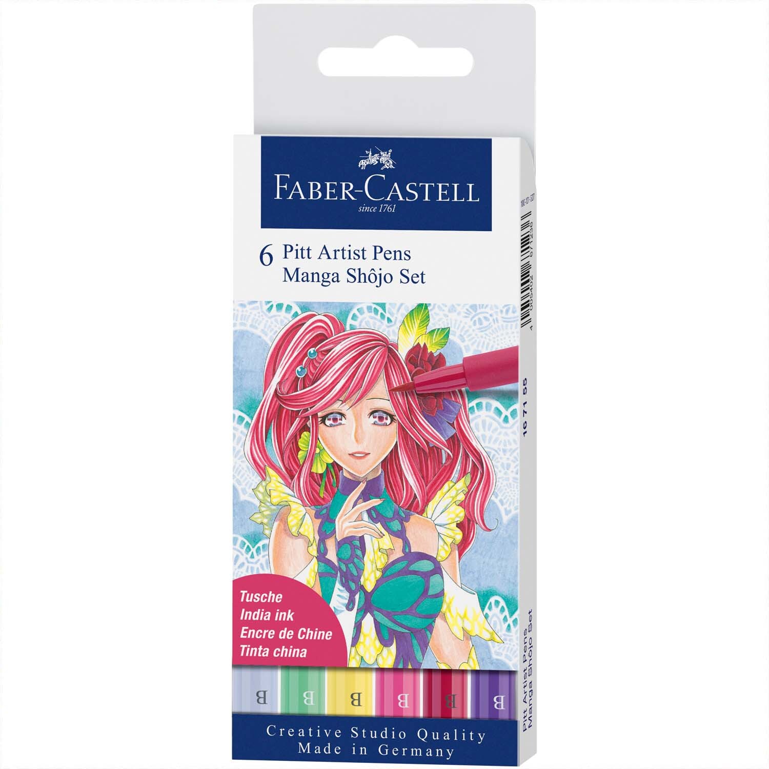 Pitt Artist Pen Manga Shojo Tuschestift-Set zeigt eine bunte Manga-Zeichnung auf der Verpackung. Enthält 6 Stifte von Faber Castell.