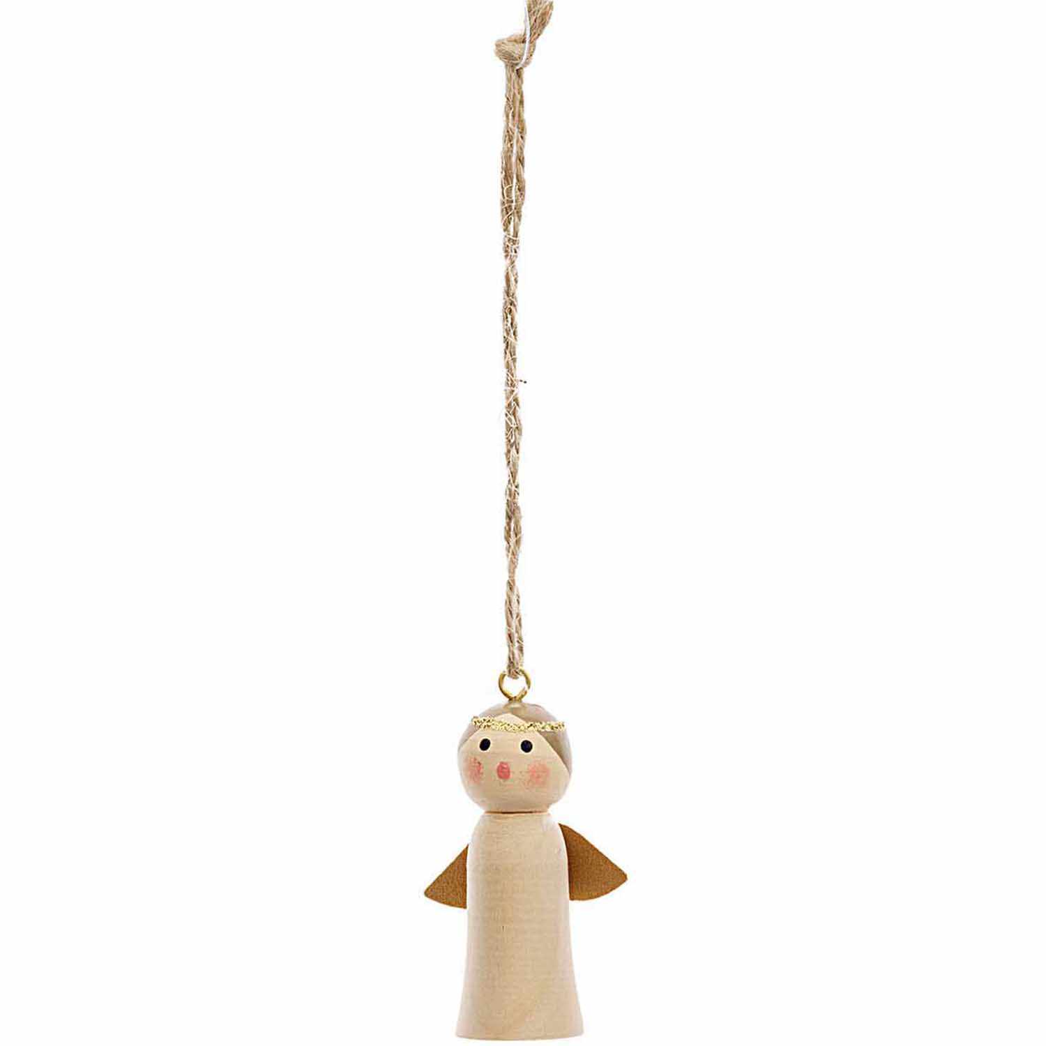 Holzhänger Engel natur 5cm: Ein hölzerner Engel von Rico Design mit Flügeln, an einer Schnur hängend.
