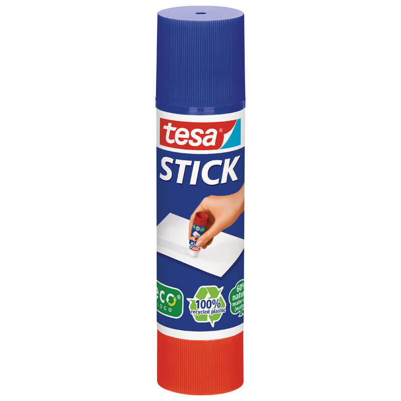 Stick Klebestift von tesa in blau-roter Verpackung, ideal zum präzisen Kleben auf Papier.