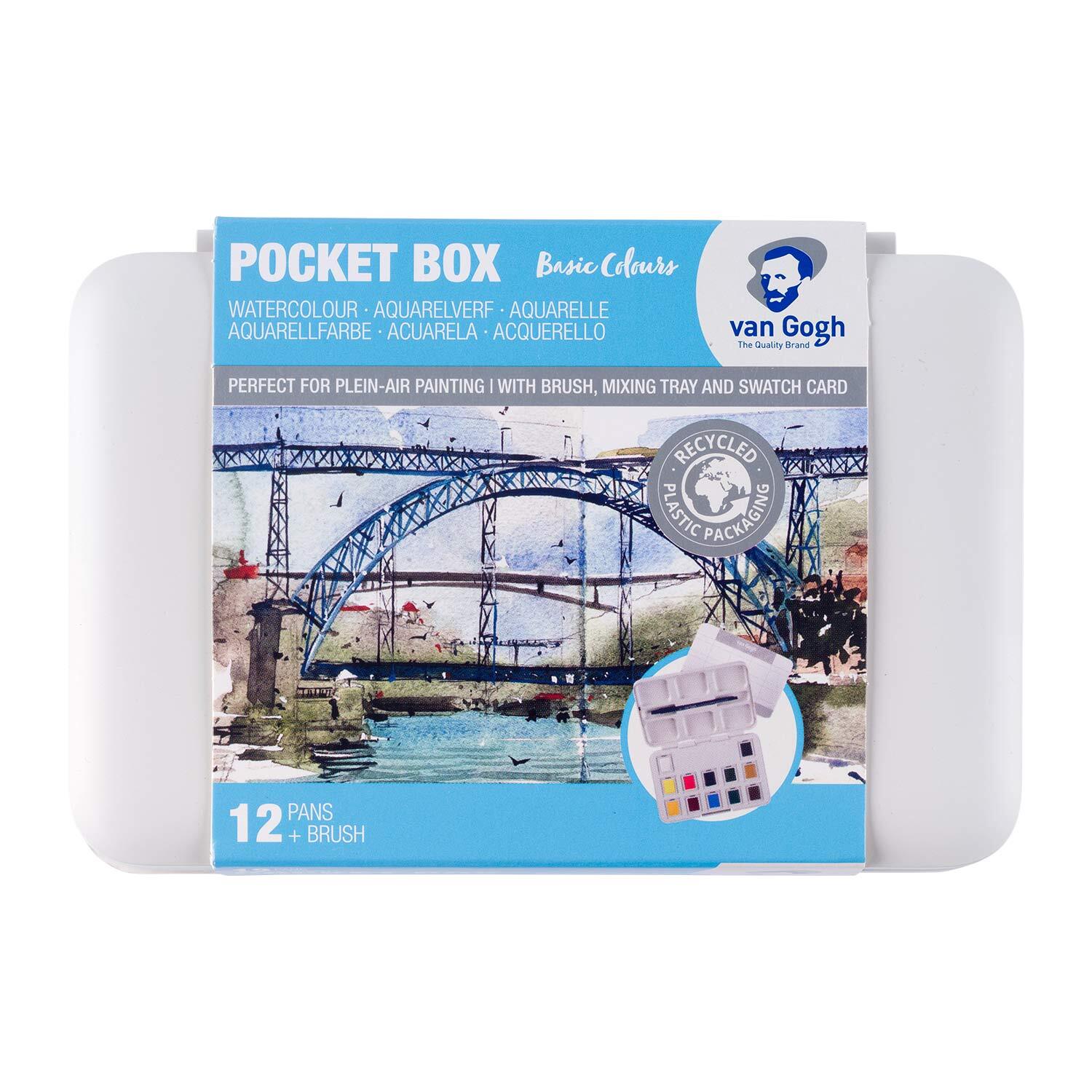Aquarell Set mit Pinsel 12 Näpfchen, ideal für Plein-Air-Malerei, zeigt eine Brücke und Flusslandschaft. Marke: van Gogh.