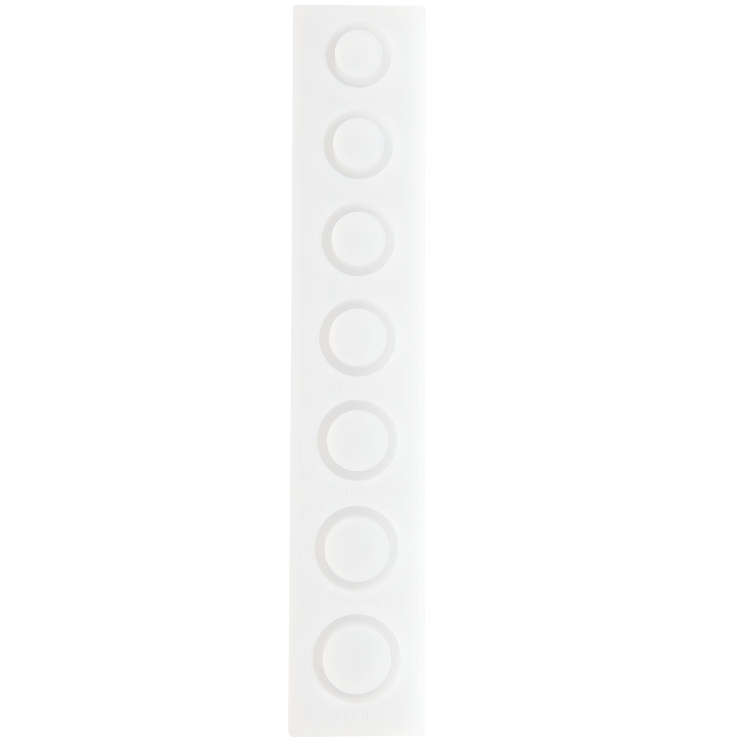 Silikon Gießform Ringe breit von Rico Design, zeigt eine weiße Form mit sieben runden Vertiefungen.