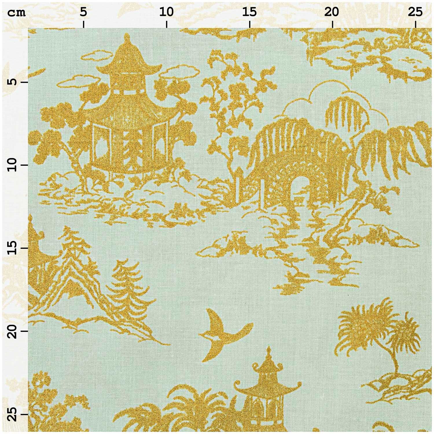 Stoff japanische Häuser mint-gold 50x140cm zeigt goldene Pagoden und Landschaften auf mintfarbenem Hintergrund. Ideal für kreative Nähprojekte.