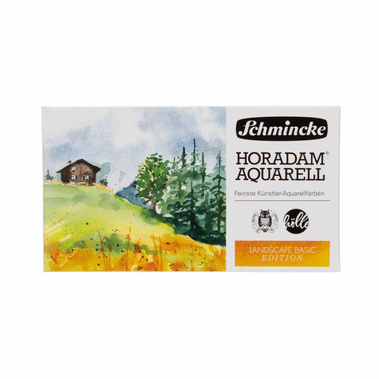 Schmincke Horadam Aquarellkasten mit Landschaftsmotiv, 12 halbe Näpfe, ideal für Künstler.