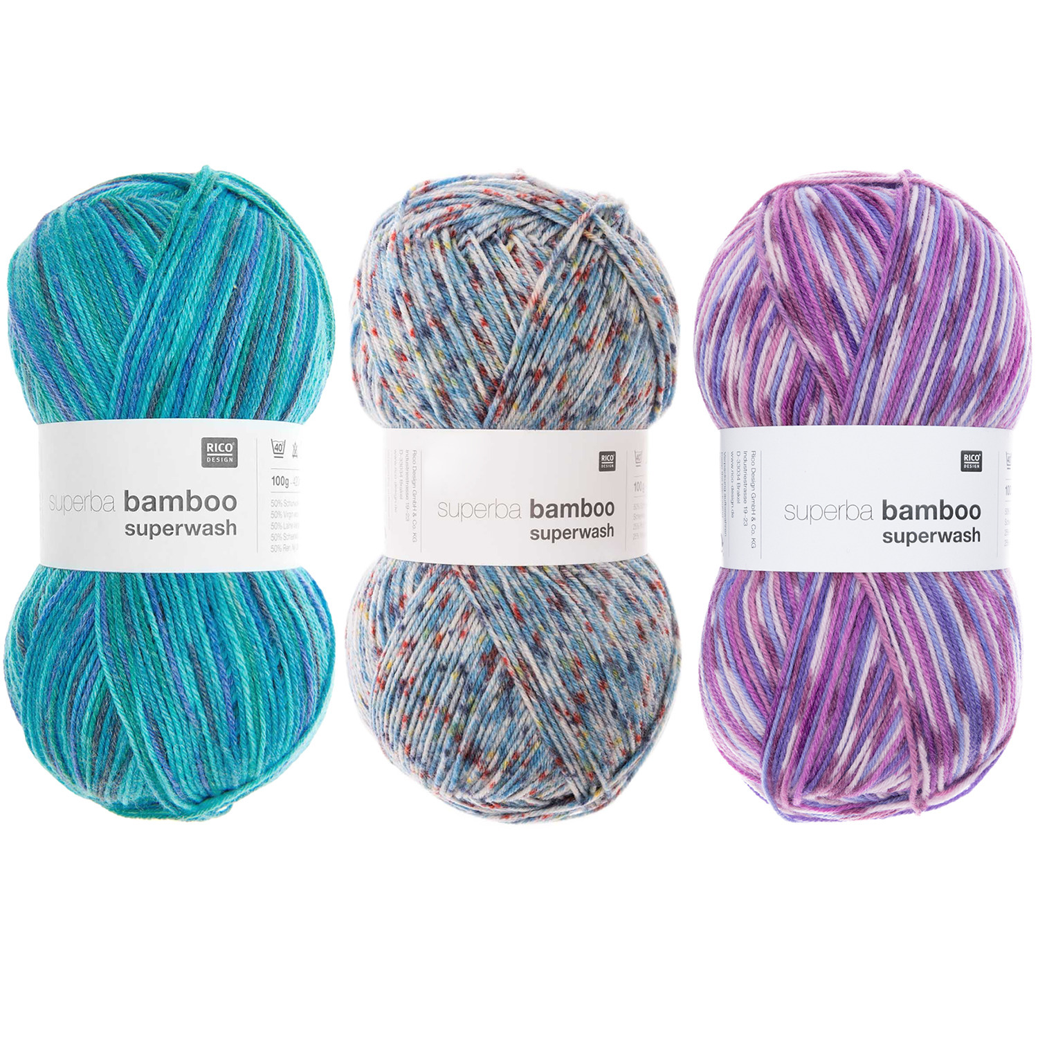 Wollpaket Socken Bamboo Fashion: Drei bunte Knäuel Superba Bamboo Superwash von Rico Design, je 100g.
