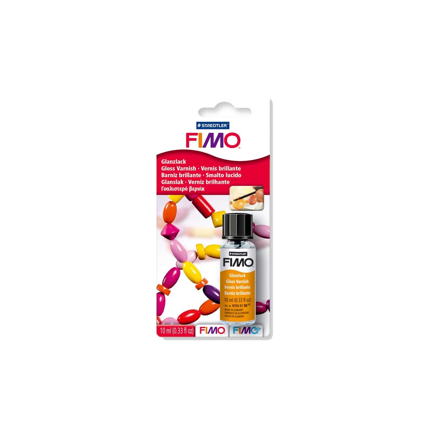 Glanzlack 10ml von Staedtler, ideal für FIMO-Projekte, abgebildet mit bunten Perlen auf der Verpackung.
