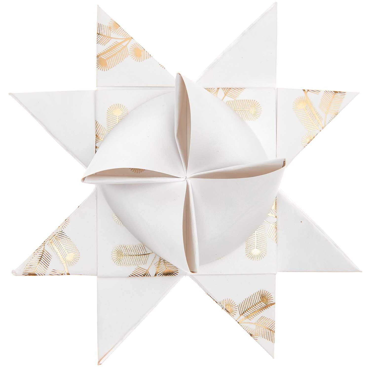 Paper Poetry Fröbelstreifen Zweige, kunstvoll gefalteter Stern aus weißem Papier mit goldenen Zweigmuster, ideal für kreative Dekorationen.