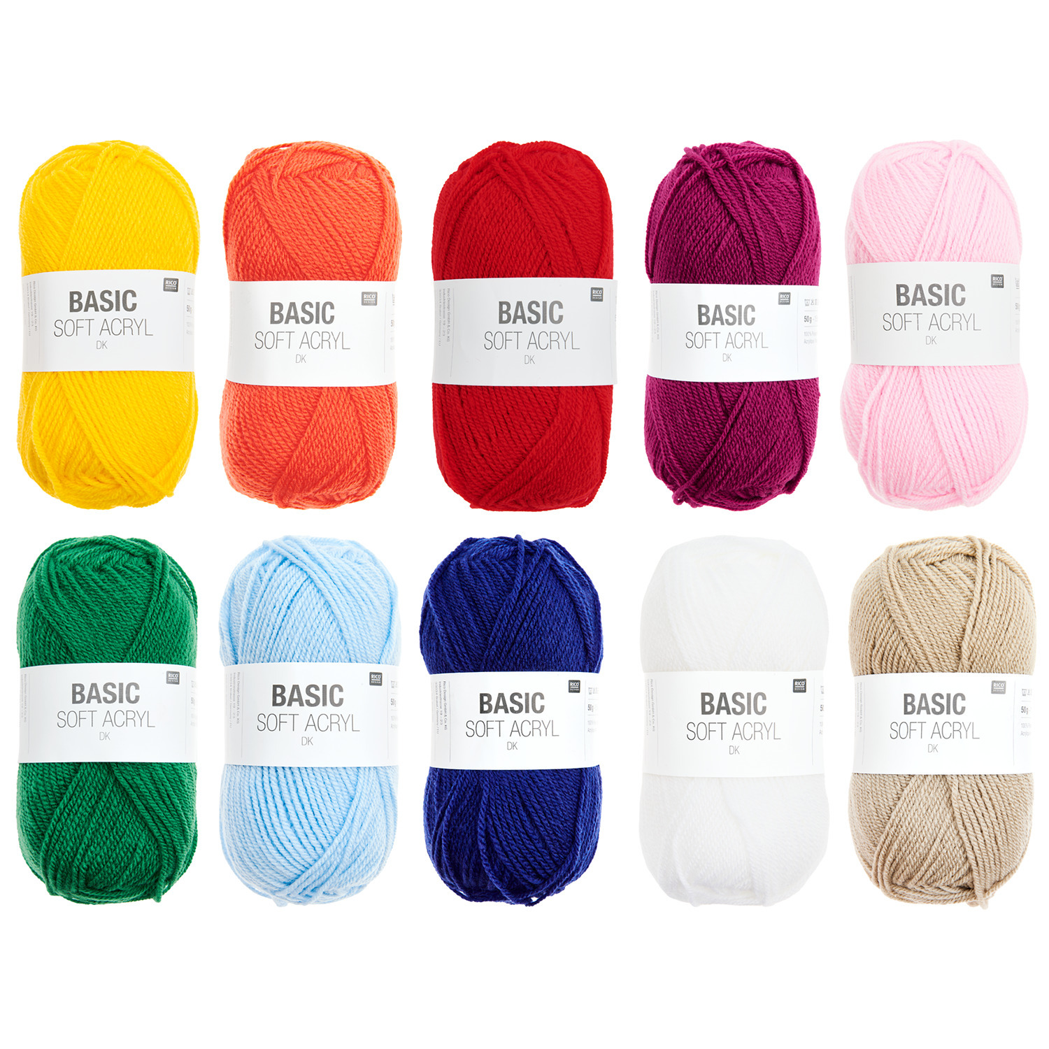 Wollpaket Basic Soft Acryl Rainbow von Rico Design: Zehn bunte Garnknäuel in verschiedenen Farben, ideal für kreative Strickprojekte.