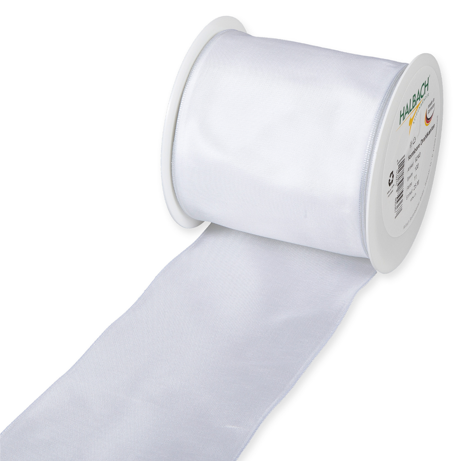 Drahtkantenband, 100mm 2m, in elegantem Weiß von Halbach, ideal für kreative Dekorationen.