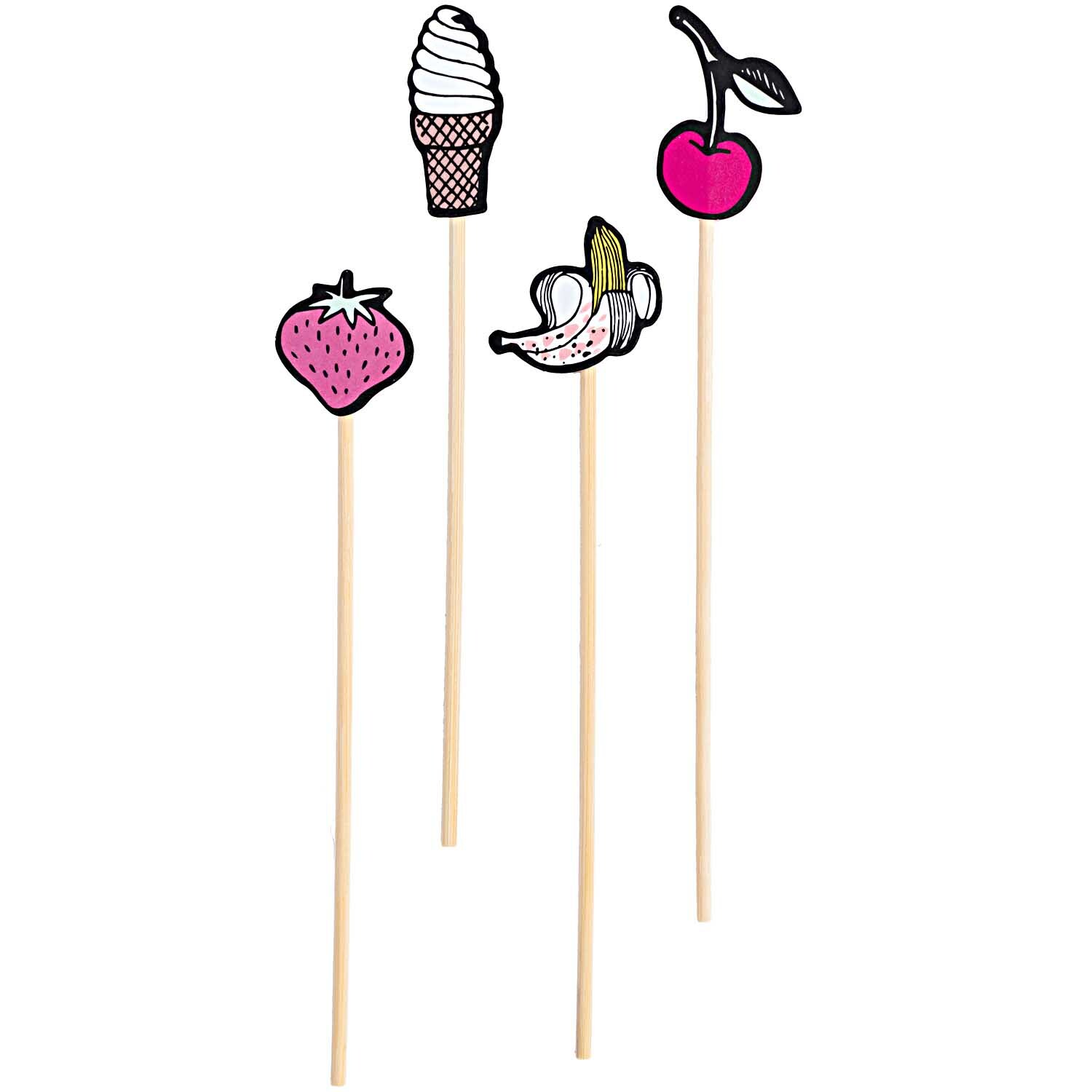 Picker Mix Eistüte-Früchte 15cm 24 Stück: Bunte Frucht- und Eistüten-Picker von Rico Design auf Holzstäben.