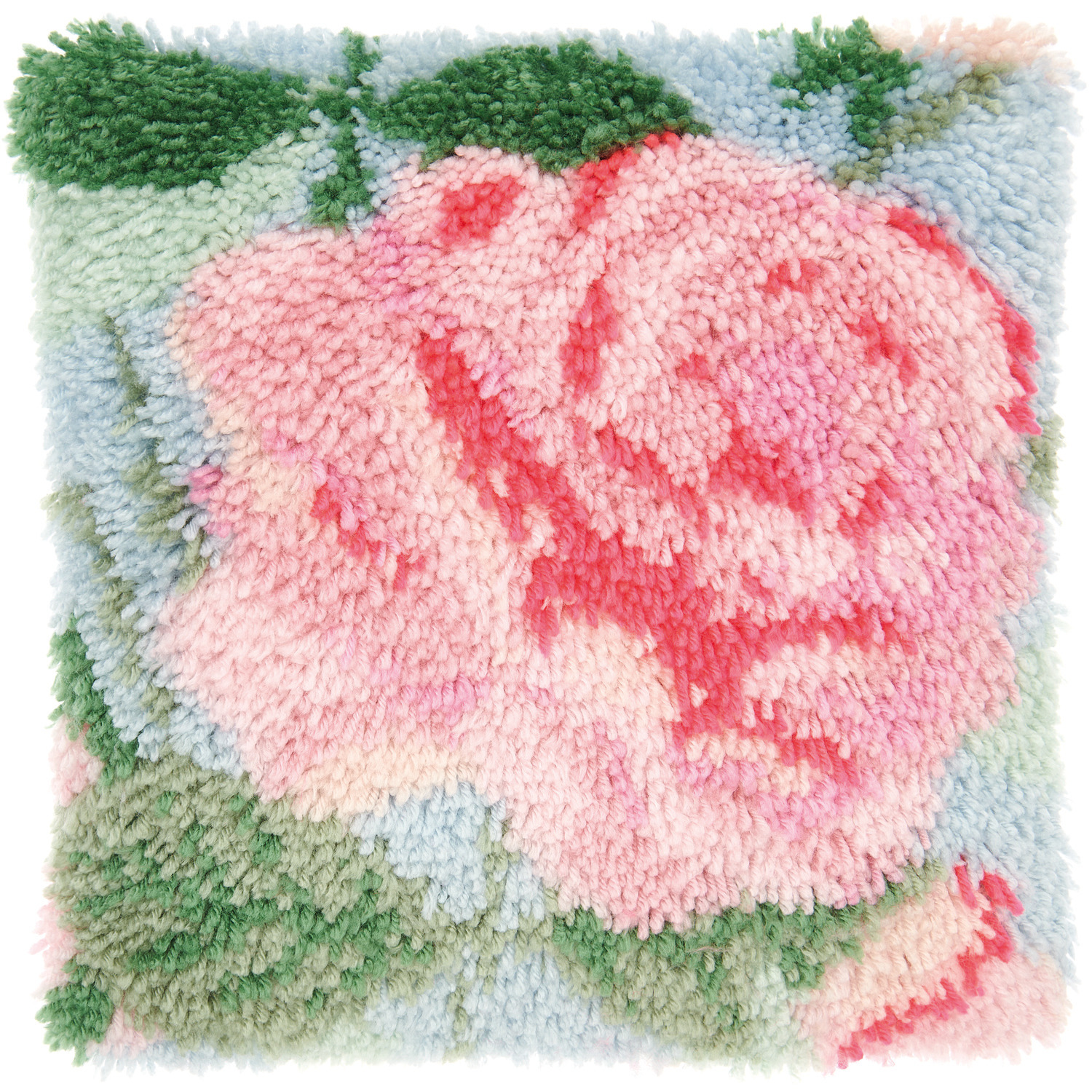 Rico Hooki Hooki Knüpfset Kissen Rose zeigt ein florales Design mit einer großen rosa Blume auf einem 40x40cm Kissen.